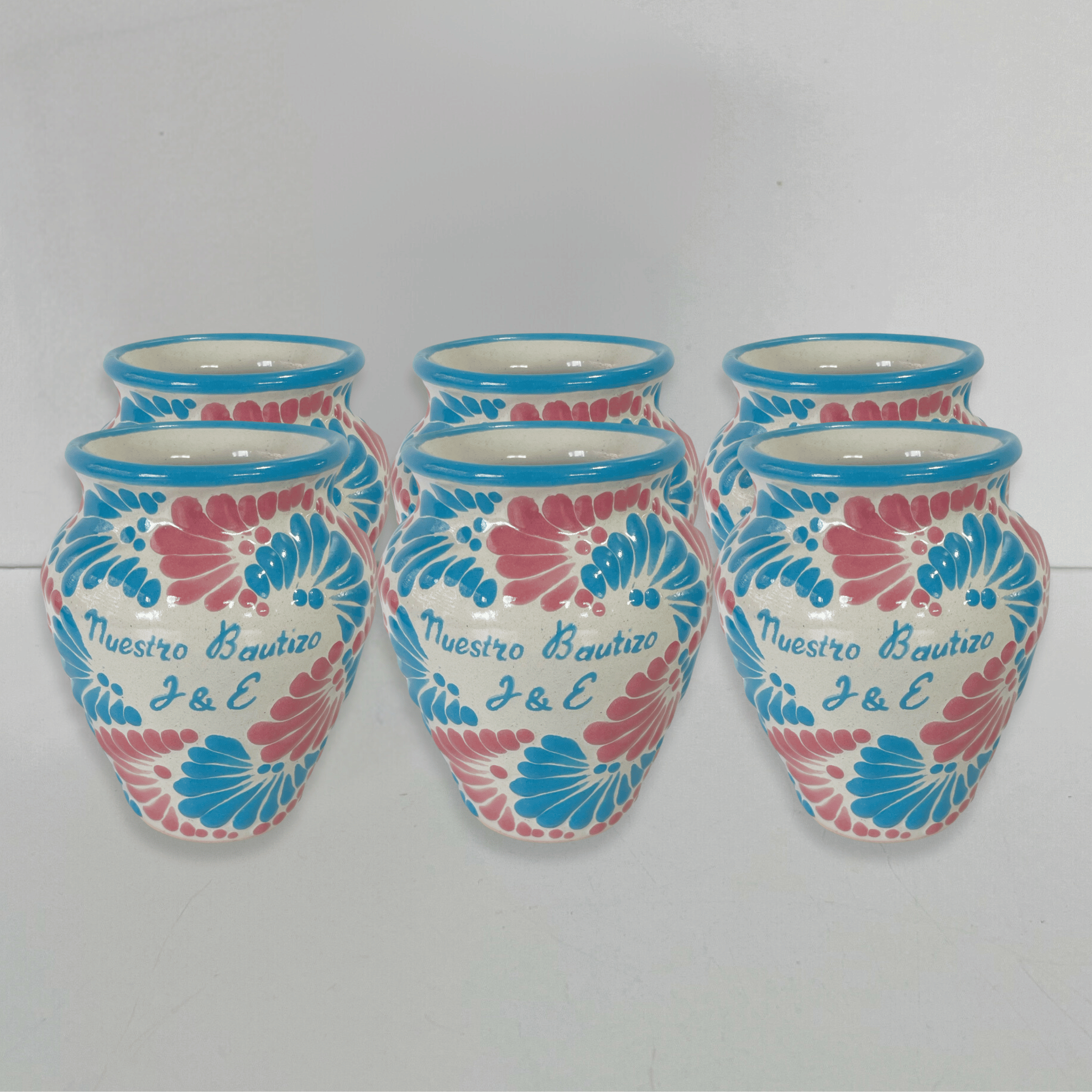 PAQUETE CANTARITO PERSONALIZADO FONDO TRADICIONAL MIK COMBINACION AZUL TURQUESA Y ROSA BAUTIZO INICIALES