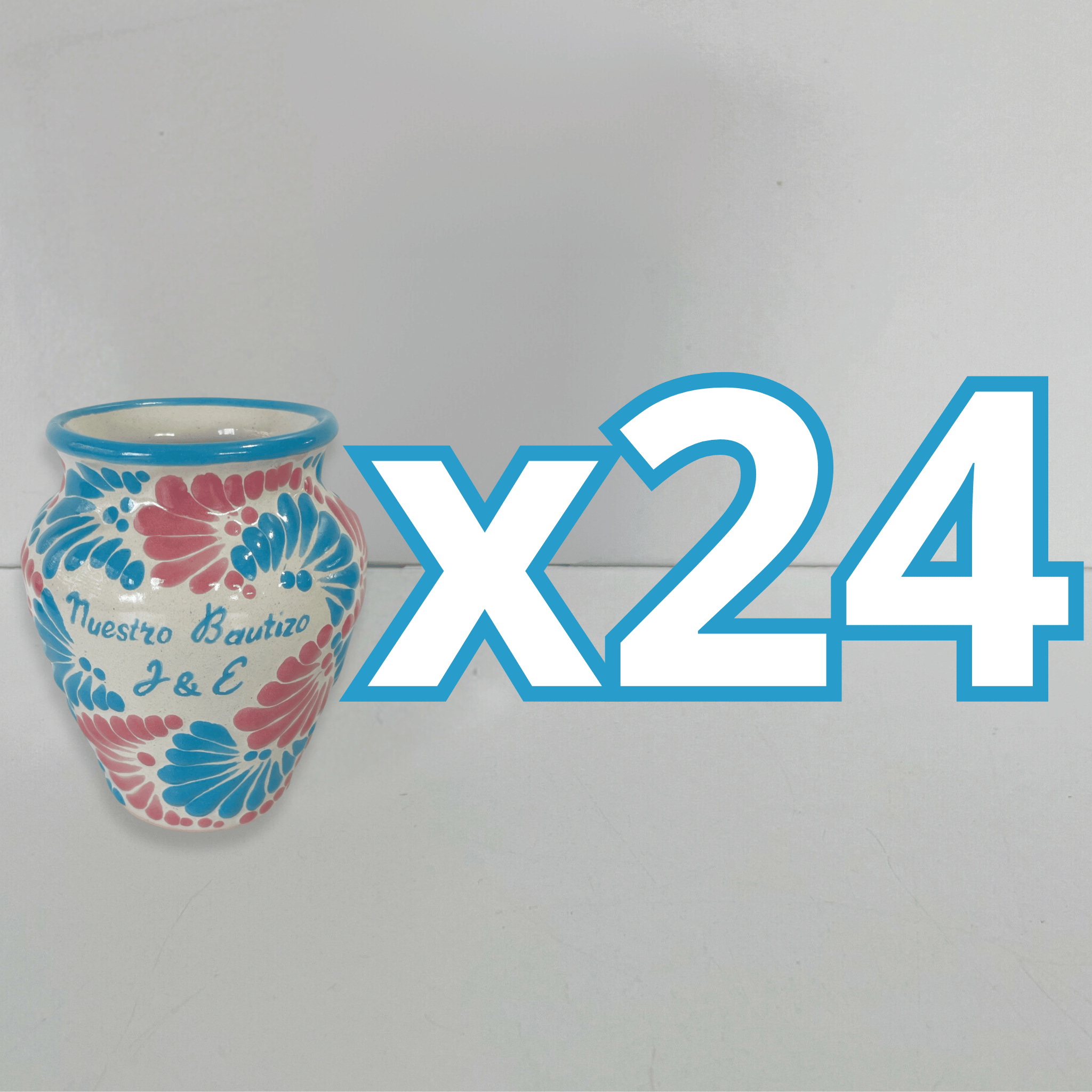 PAQUETE CANTARITO PERSONALIZADO FONDO TRADICIONAL MIK COMBINACION AZUL TURQUESA Y ROSA BAUTIZO INICIALES