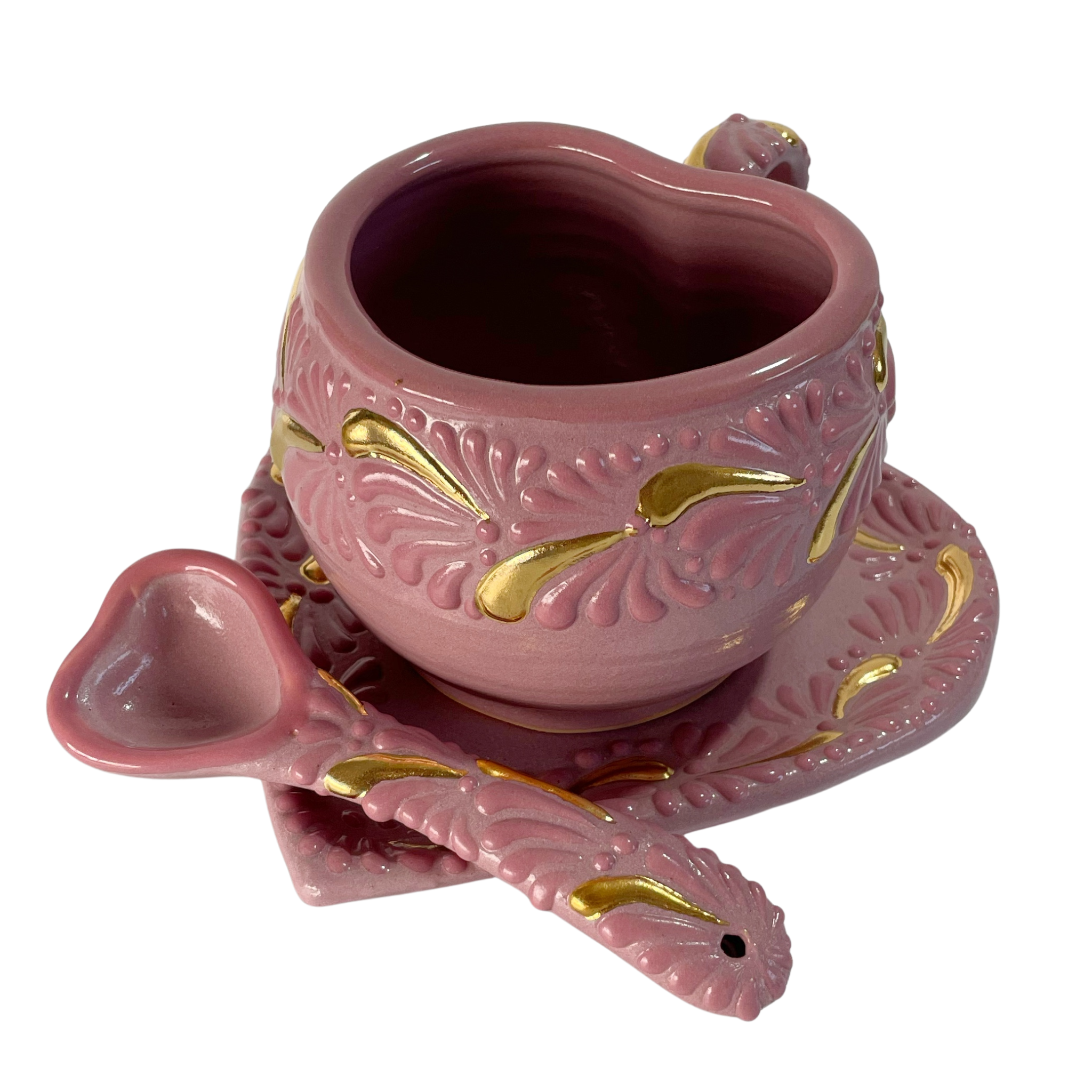 SET 3 PIEZAS TAZA FORMA CORAZON CHOCO GRANDE DESTELLOS DE ORO ROSA CENEFA MIK ROSA