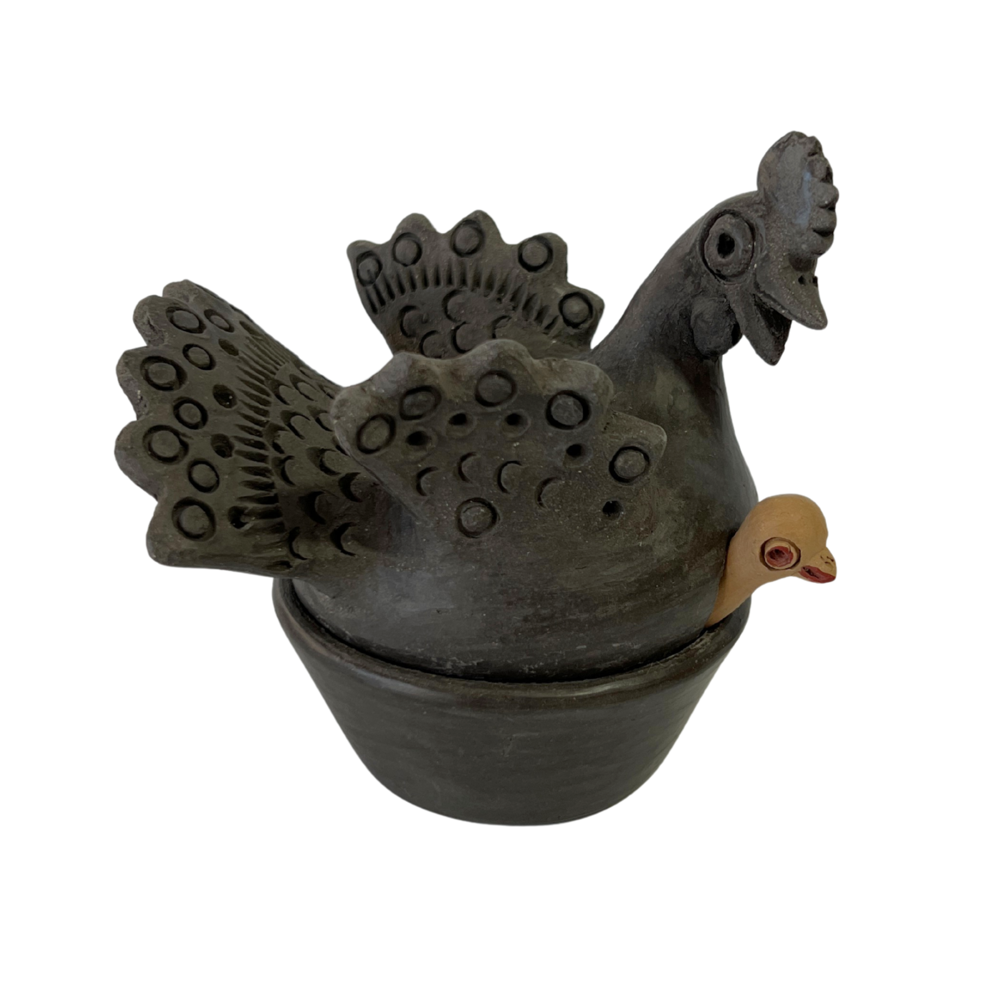SALSERA CON TAPA GALLINA Y POLLITO BARRO AHUMADO