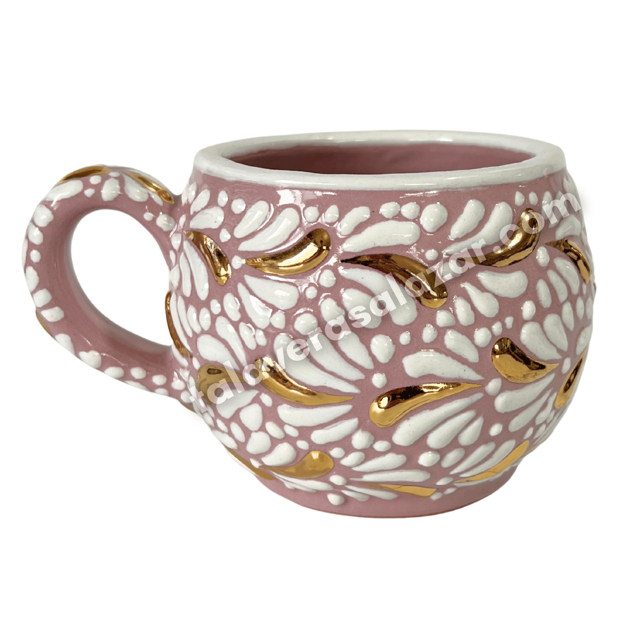 TAZA CHOCOLATERA GRANDE FONDO ROSA MIK BLANCO DESTELLO DE ORO