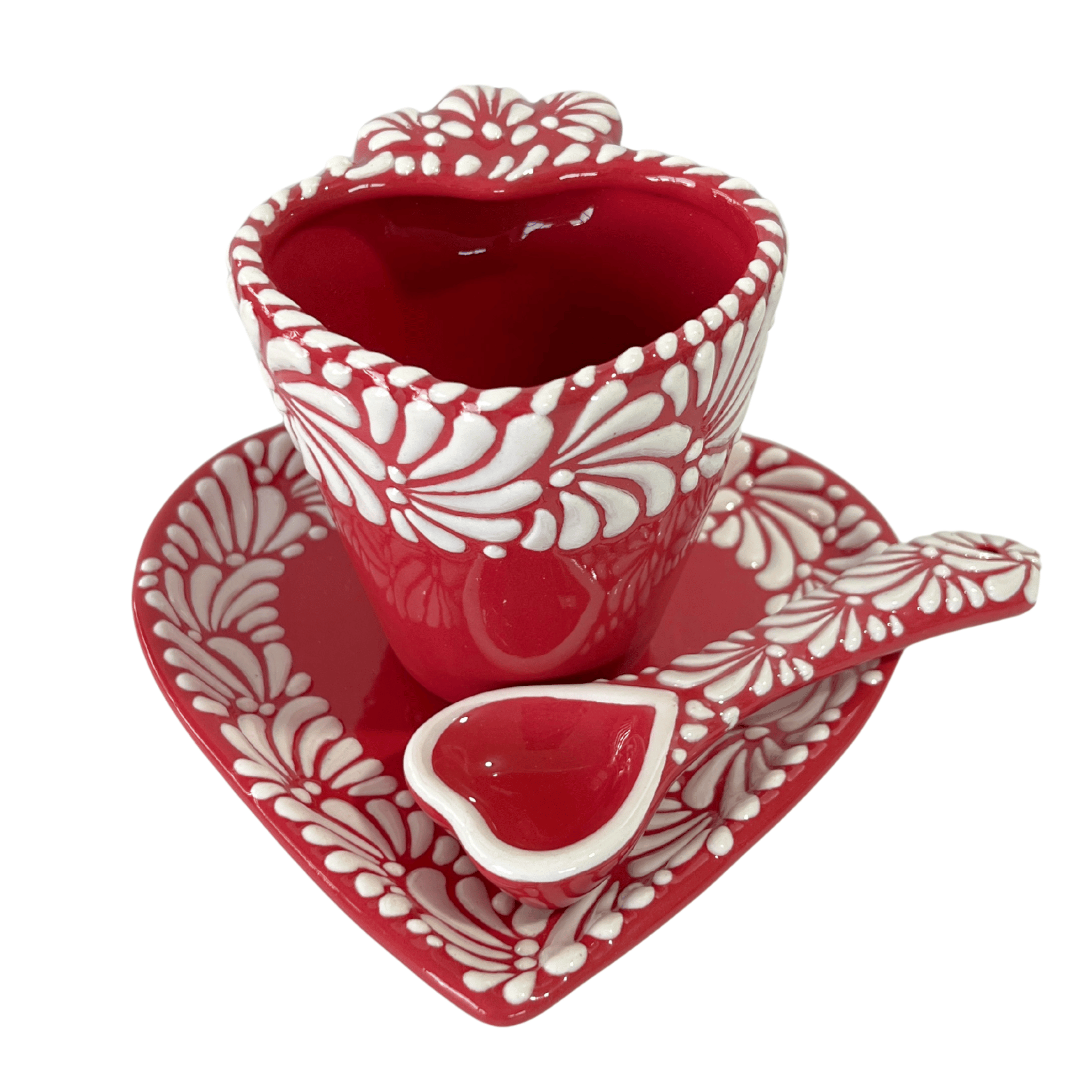 SET 3 PIEZAS FORMA CORAZON CON CUCHARA CORAZON FONDO ROJO MIK CENEFA BLANCO