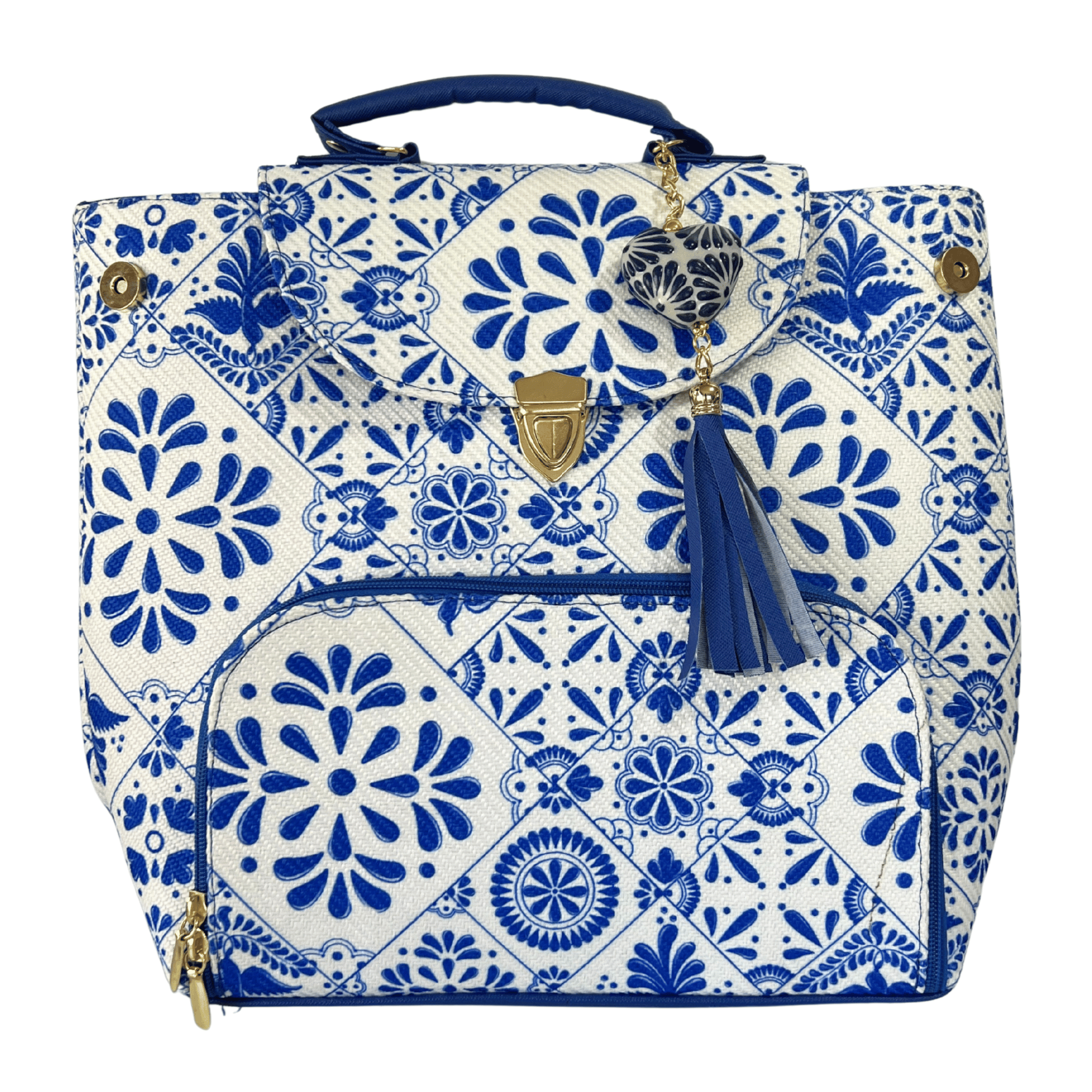 MOCHILA CON BROCHE COLOR AZUL COBALTO ESTILO TALAVERA CON LLAVERO AZUL COBALTO