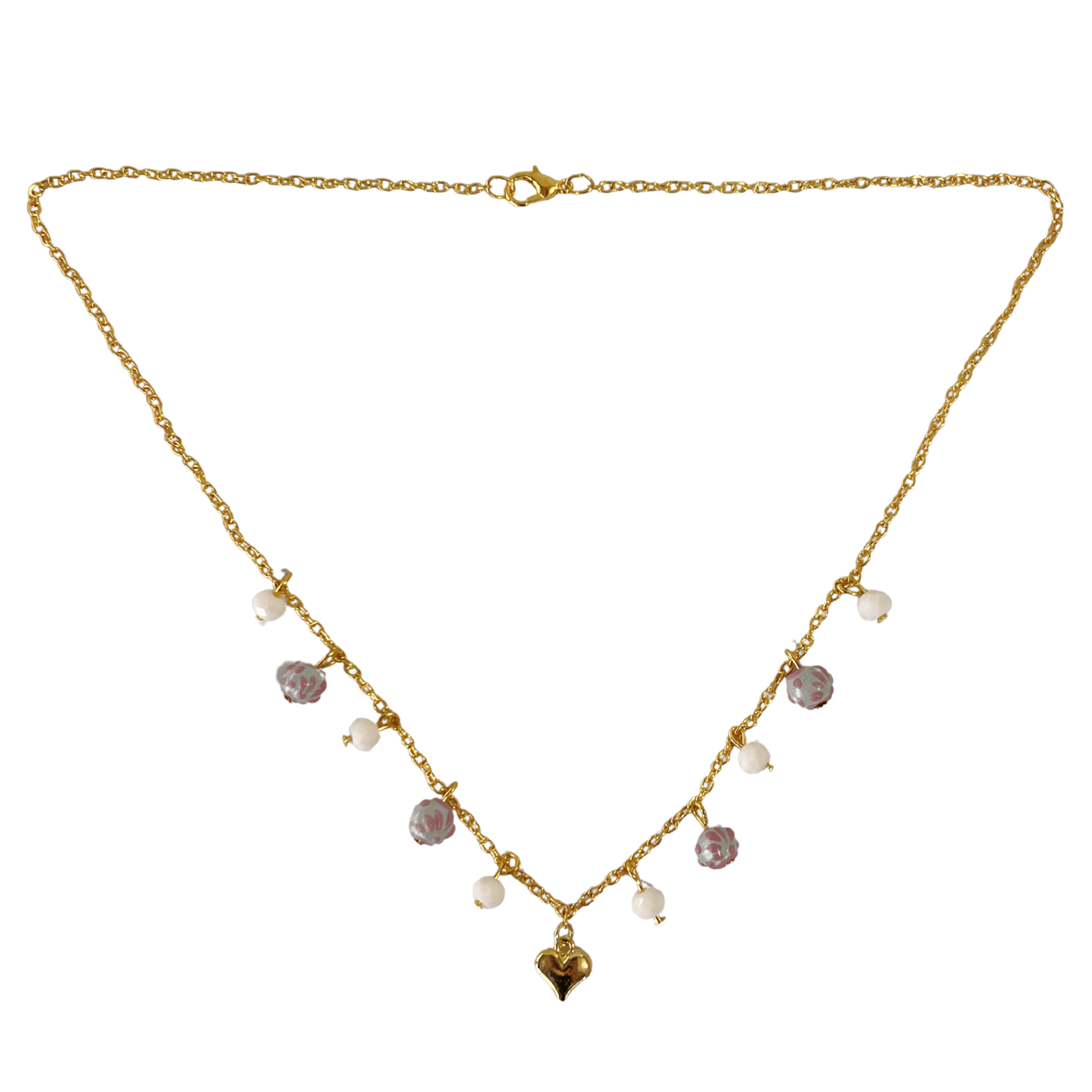 COLLAR CORAZON CON ESFERAS DECORADO ROSA CADENA DORADA