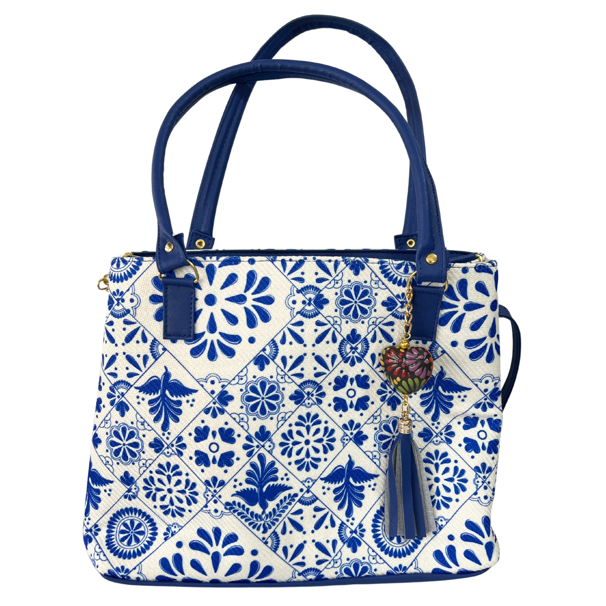 BOLSA COLOR AZUL COBALTO ESTILO TALAVERA CON LLAVERO NEGRO MULTICOLOR