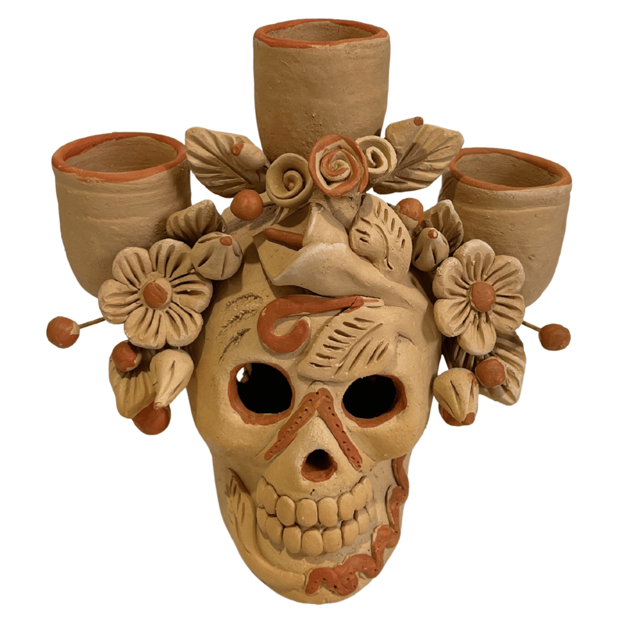 CANDELABRO CRANEO BARRO BORDADO NATURAL 01