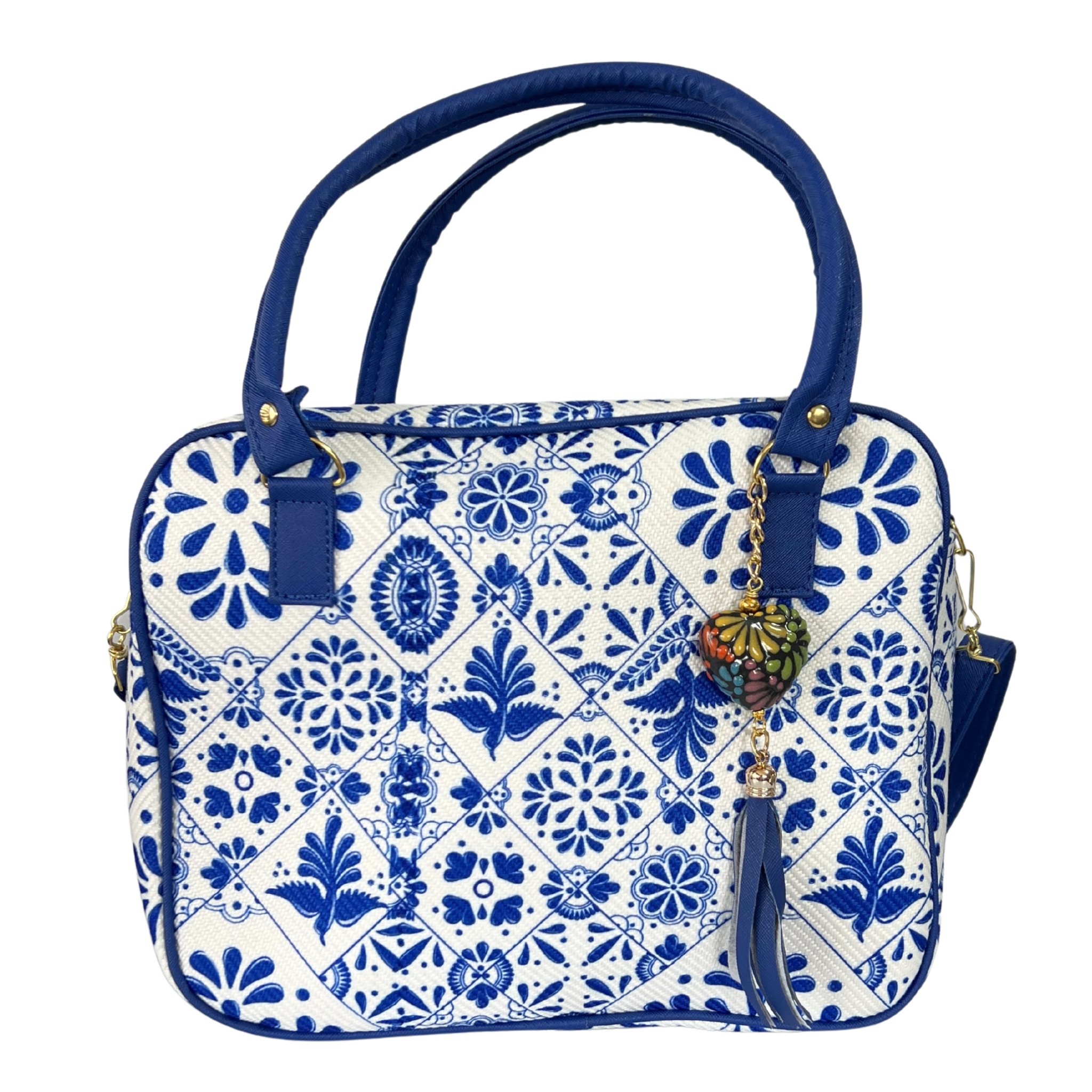 BOLSA REDONDEADA COLOR AZUL COBALTO ESTILO TALAVERA CON LLAVERO NEGRO MULTICOLOR