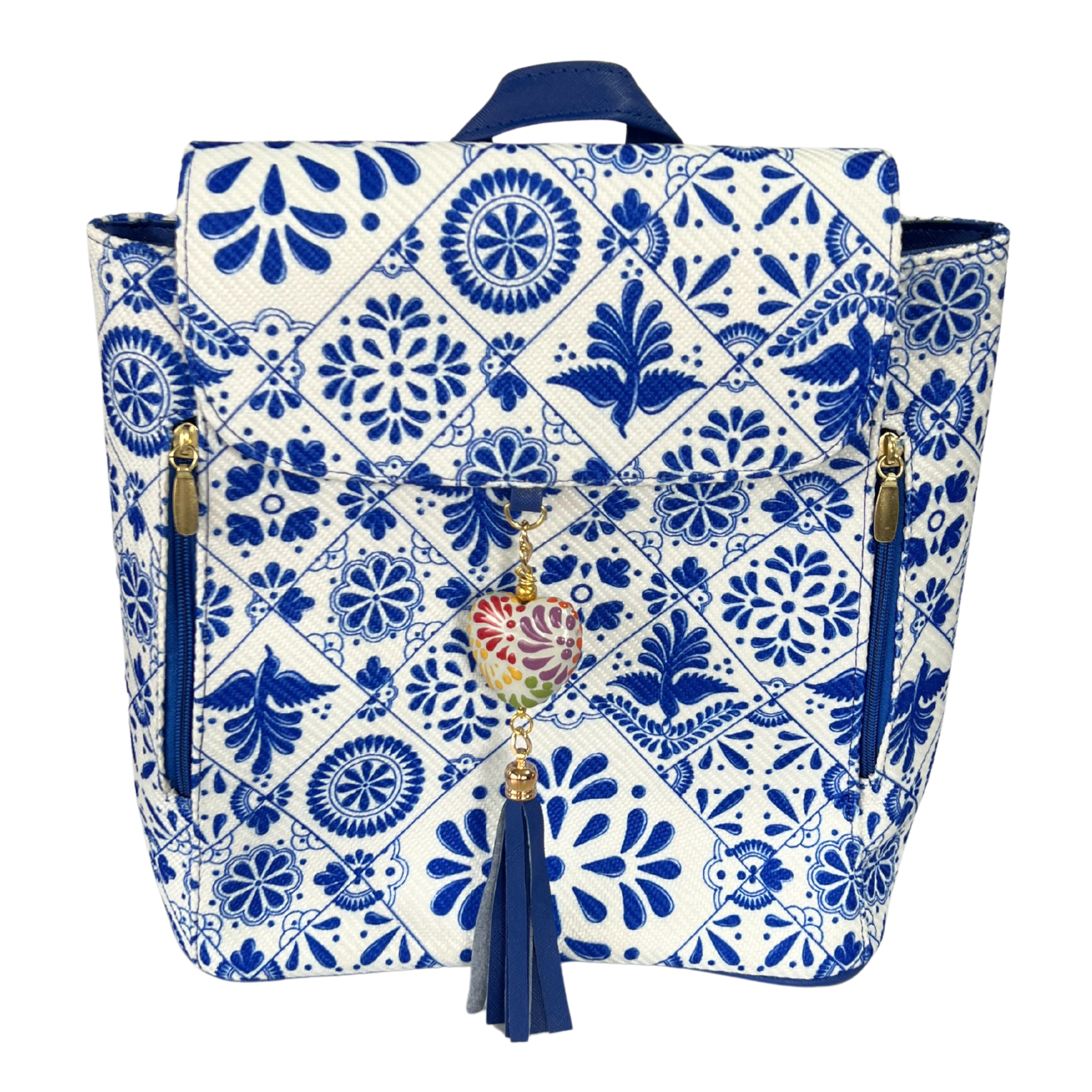 MOCHILA COLOR AZUL COBALTO ESTILO TALAVERA CON LLAVERO MULTICOLOR