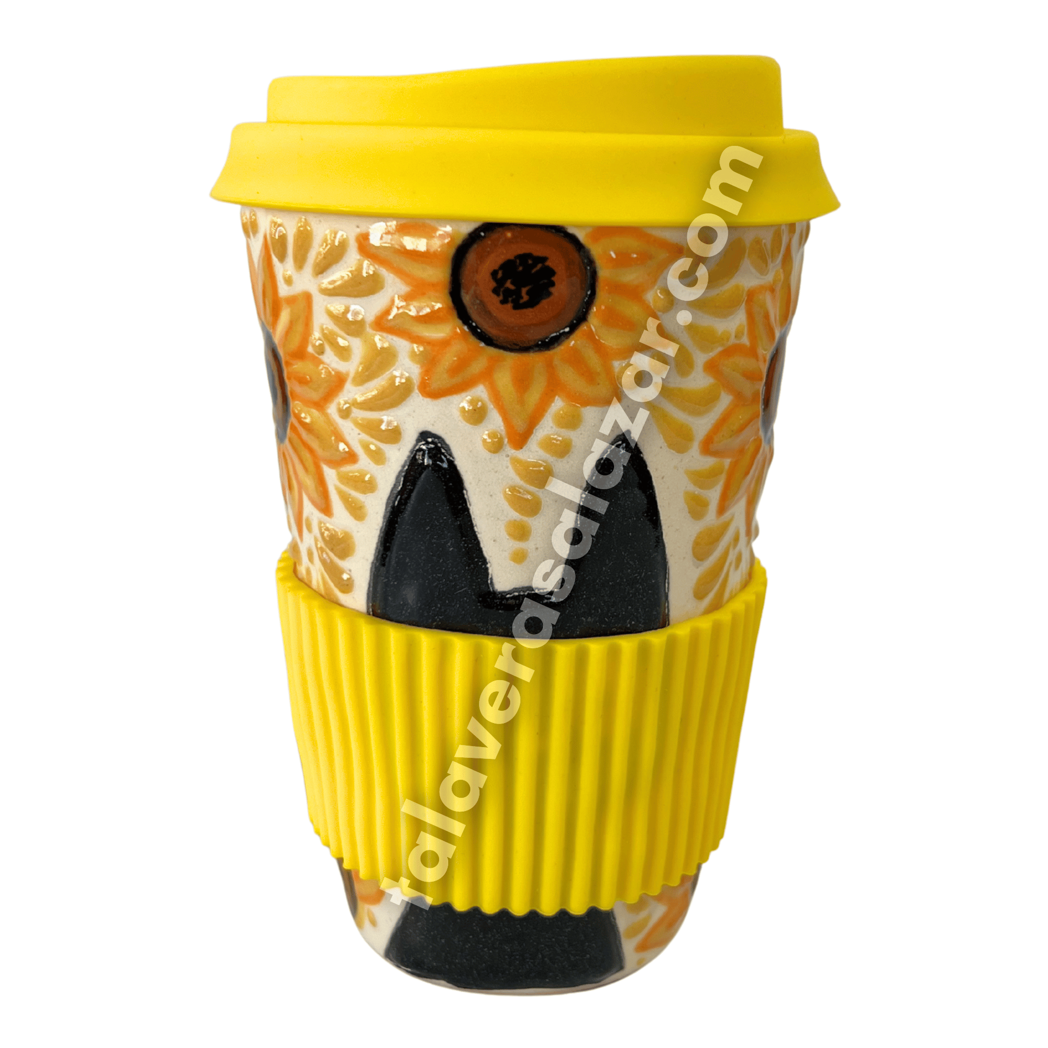TERMO 15 CM SIN ASA FONDO TRADICIONAL MIK AMARILLO HUEVO GATO NEGRO CON GIRASOLES