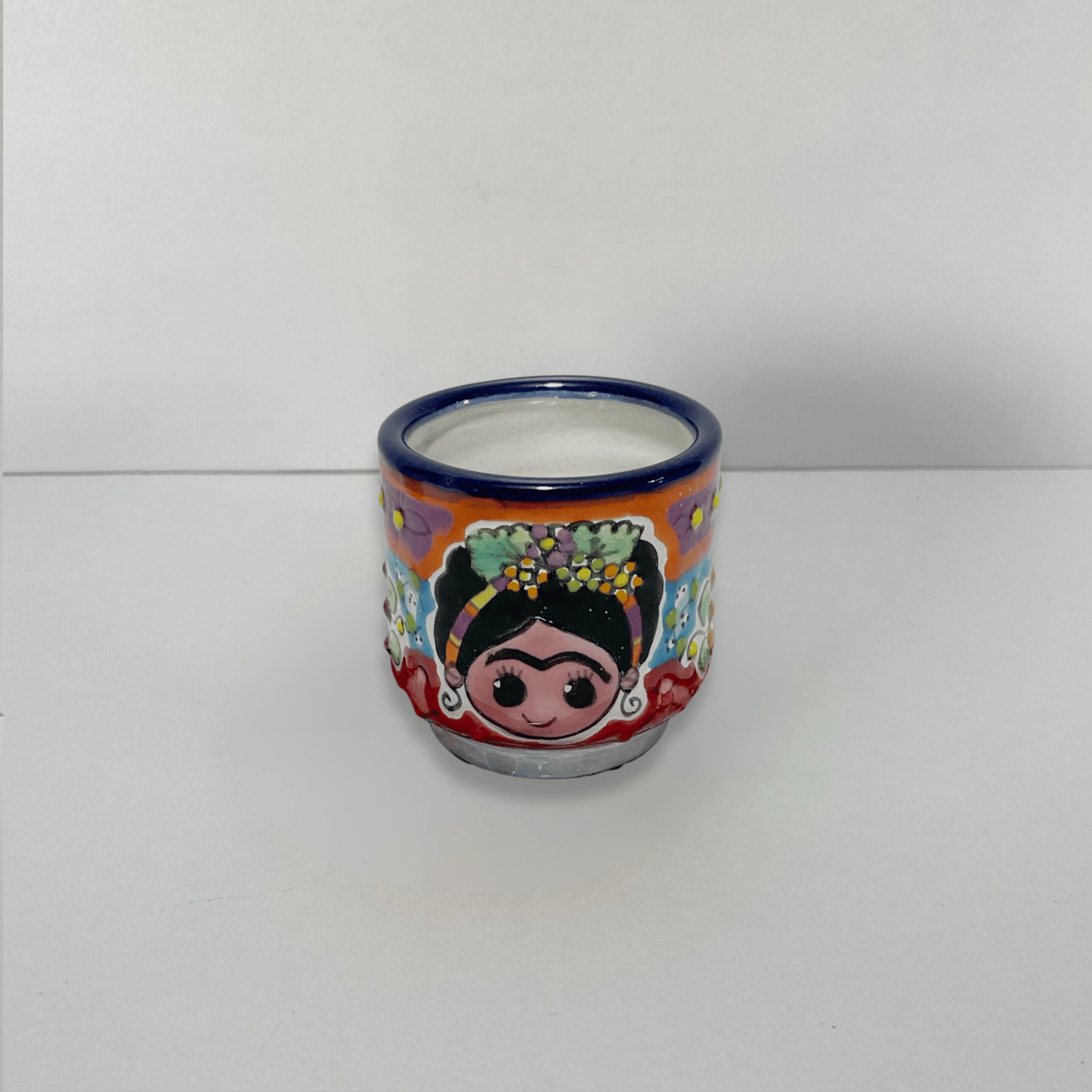 TAZA EXPRESO FONDO BLANCO DECORADO MULTICOLOR MEXICANITA
