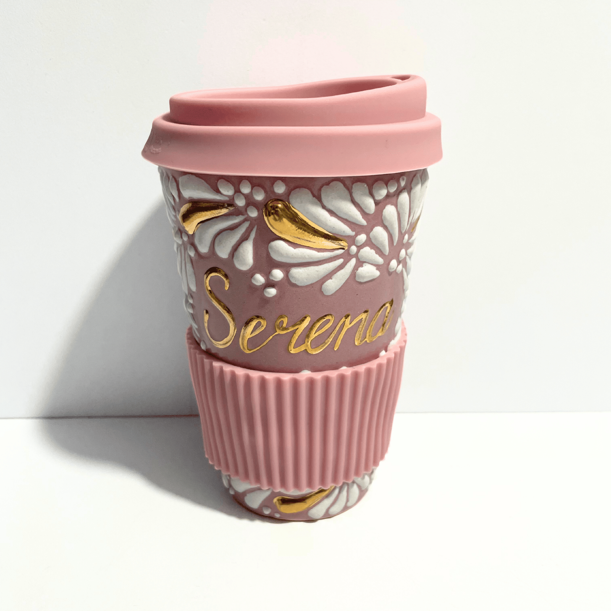 DESTELLOS DE ORO TERMO PERSONALIZADO 15 CM SIN ASA FONDO ROSA MIK BLANCO NOMBRE
