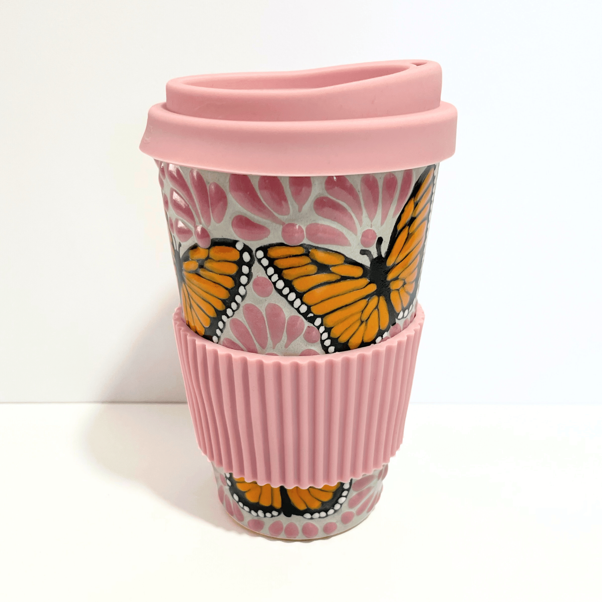 TERMO 15 CM SIN ASA FONDO BLANCO MIK ROSA MARIPOSAS