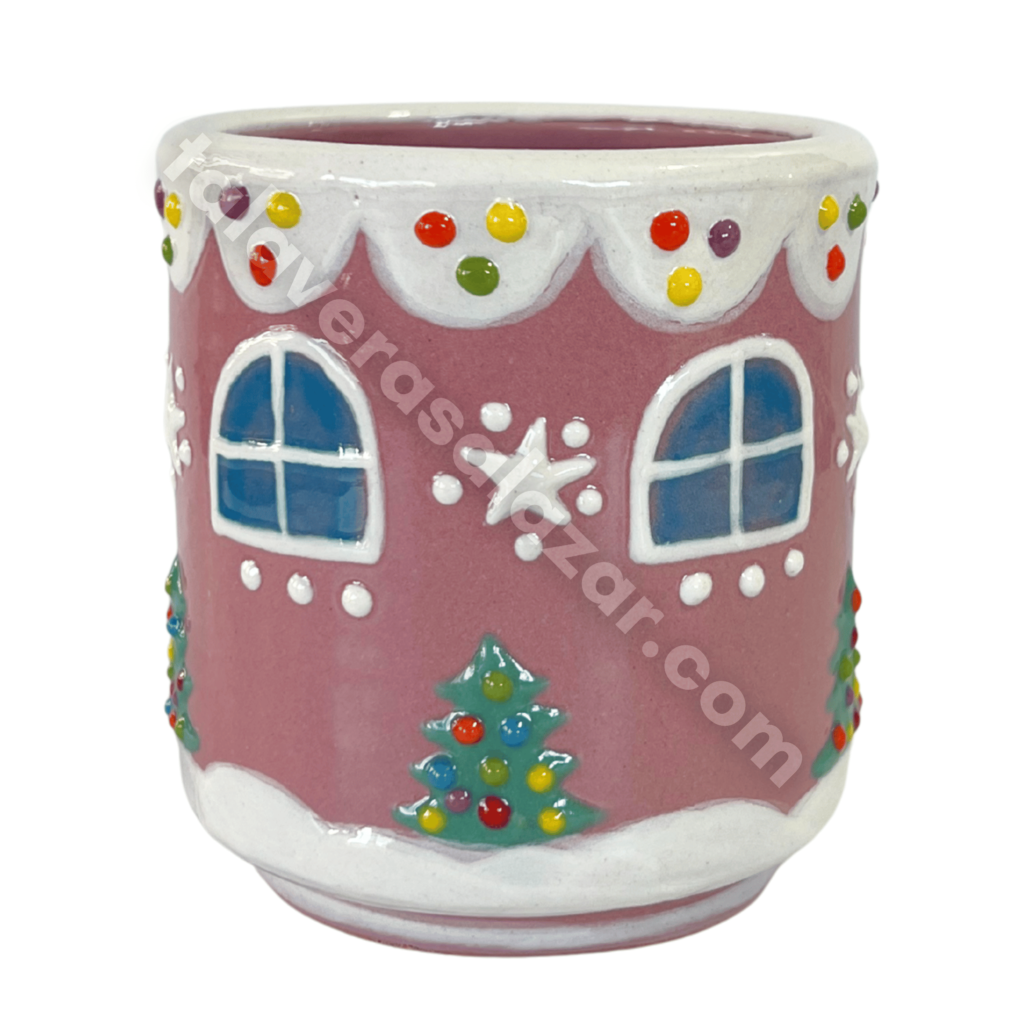 TAZA RECTA GALLETA DE JENGIBRE FONDO ROSA CON ASA BASTÓN TURQUESA