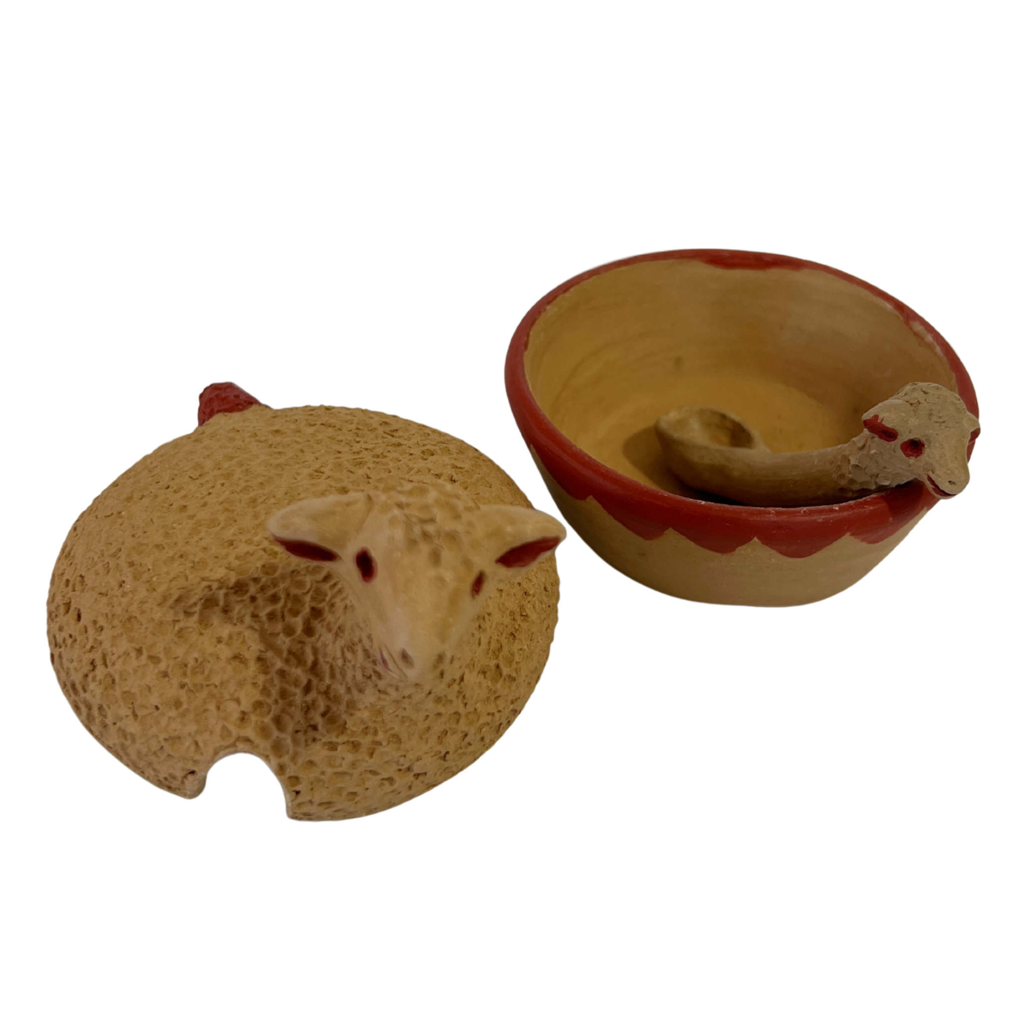 SALSERA CON TAPA BORREGO BARRO BLANCO Y ROJO