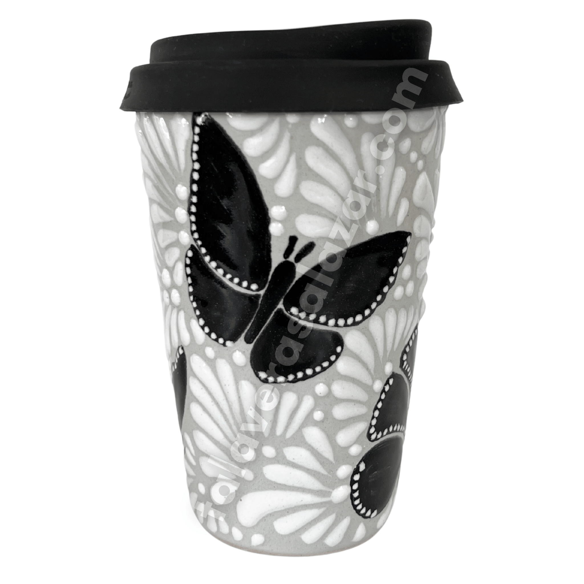 TERMO 15 CM SIN ASA FONDO TRADICIONAL MIK BLANCO ORILLA NEGRO MARIPOSAS NEGRAS