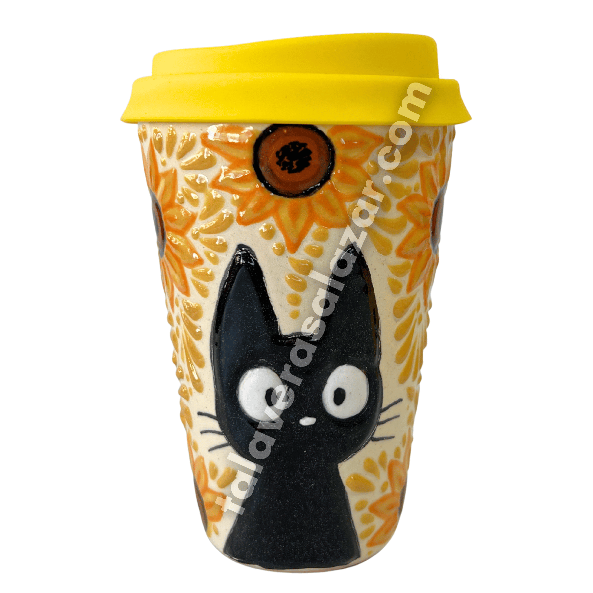 TERMO 15 CM SIN ASA FONDO TRADICIONAL MIK AMARILLO HUEVO GATO NEGRO CON GIRASOLES