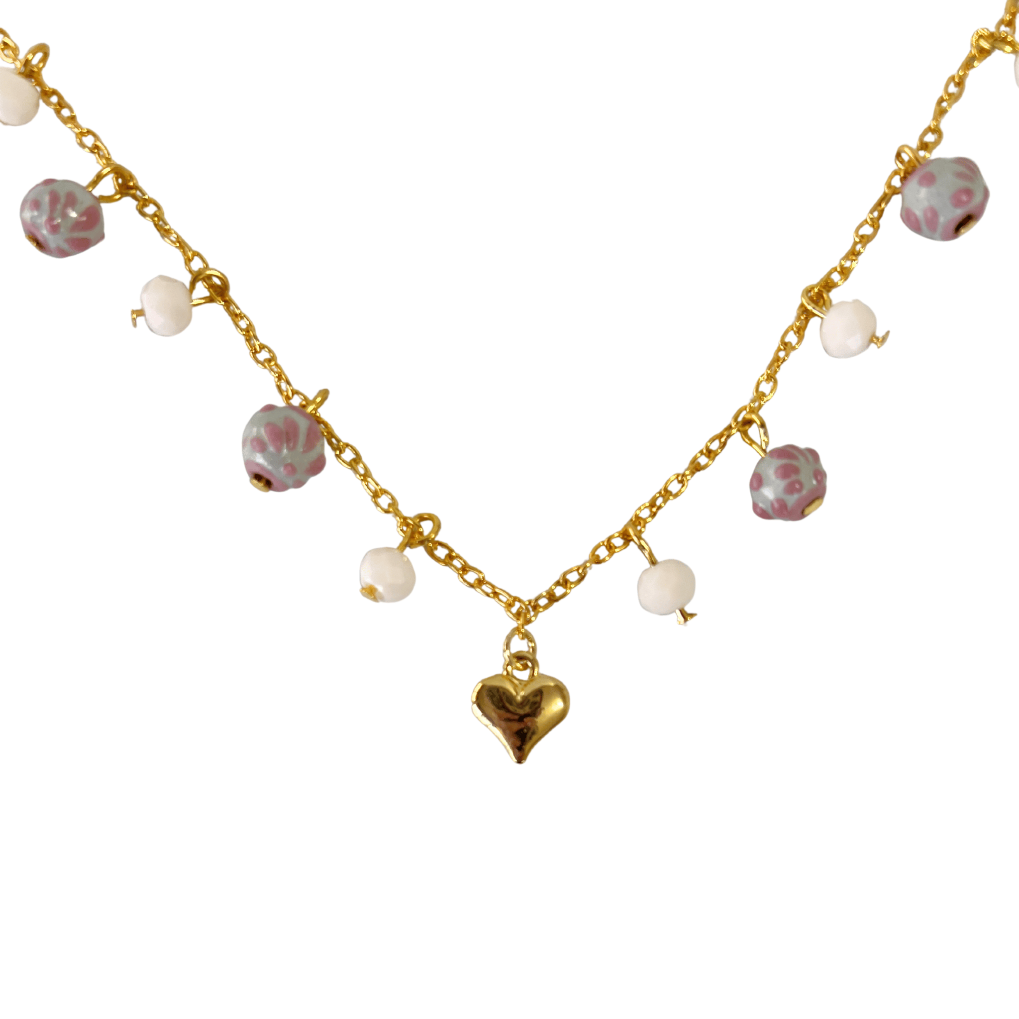 COLLAR CORAZON CON ESFERAS DECORADO ROSA CADENA DORADA