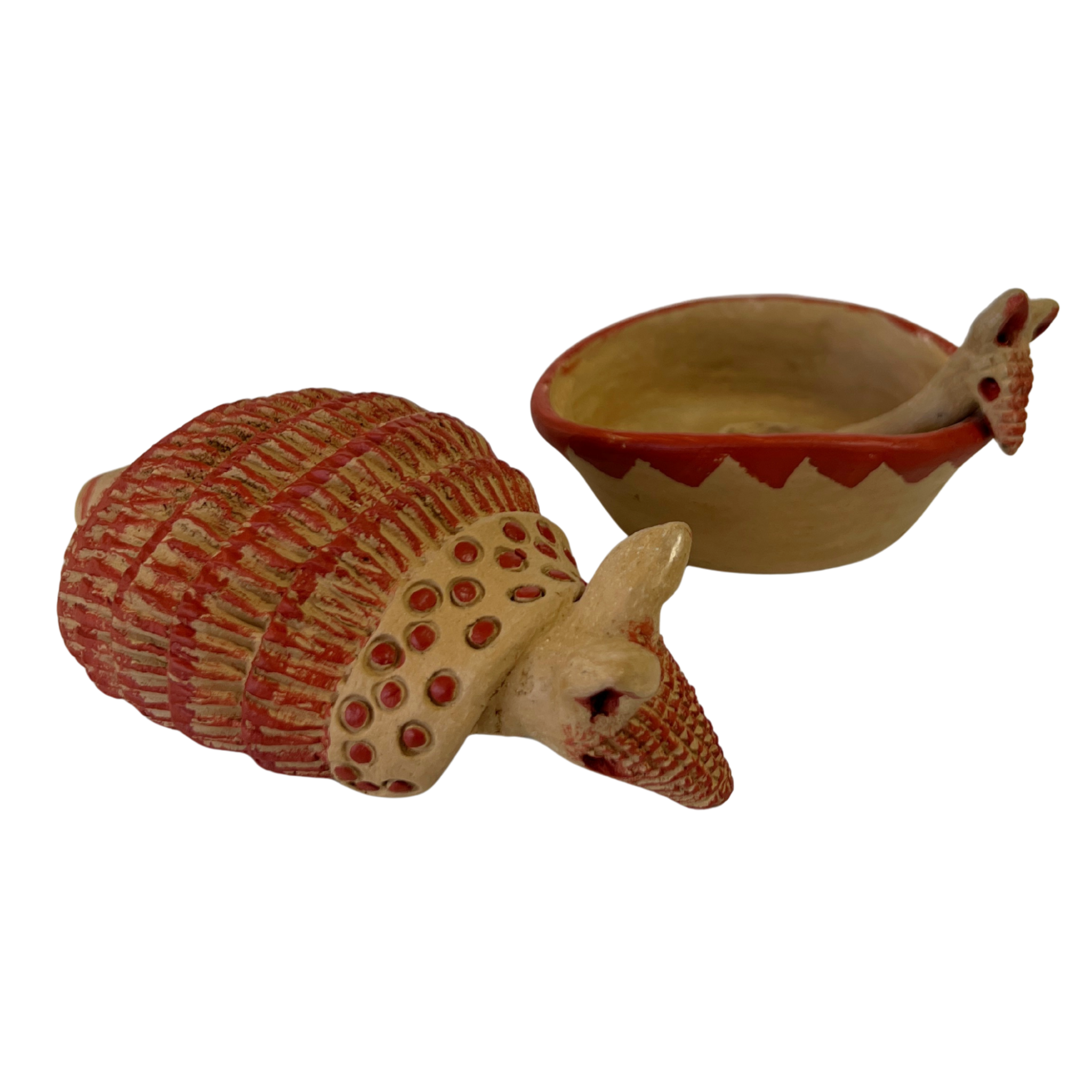 SALSERA CON TAPA ARMADILLO BARRO BLANCO Y ROJO