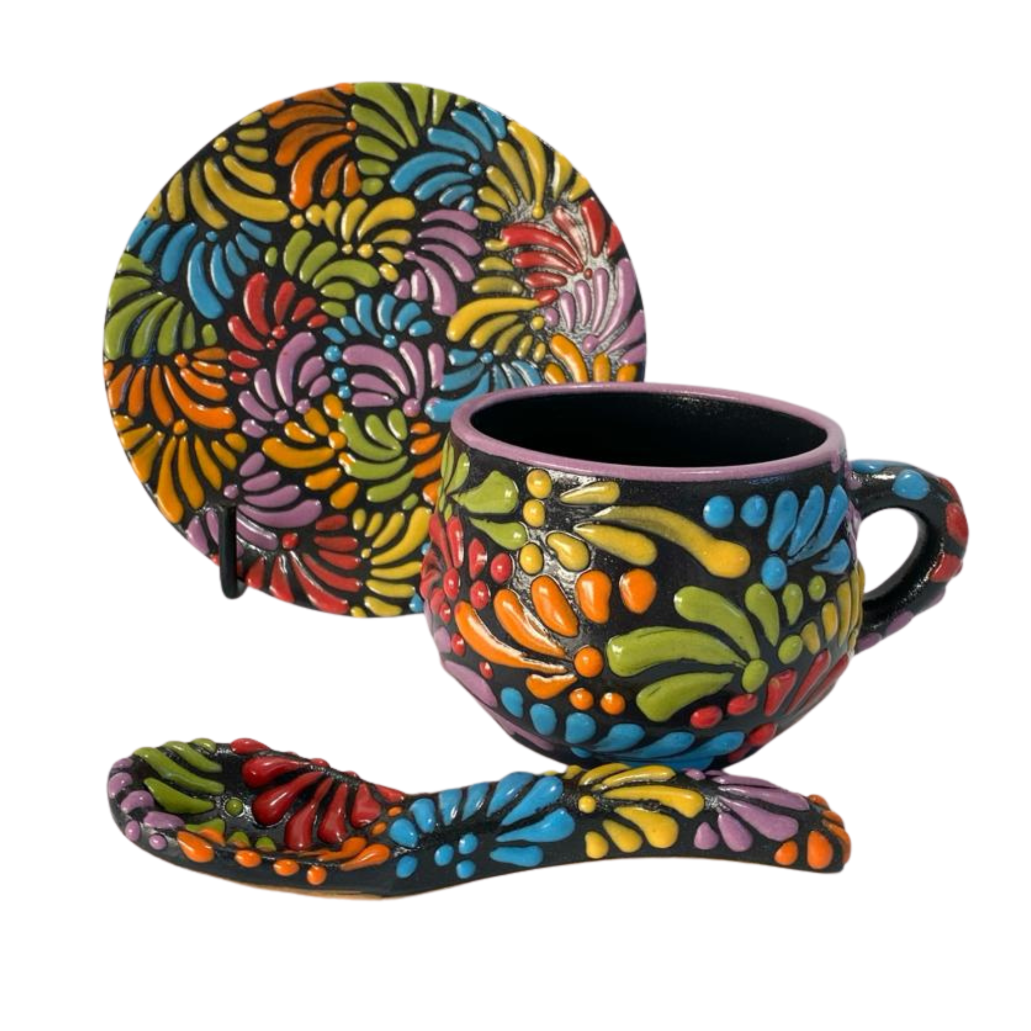 SET 3 PIEZAS CHOCOLATERA MEDIANA FONDO NEGRO MIK MULTICOLOR