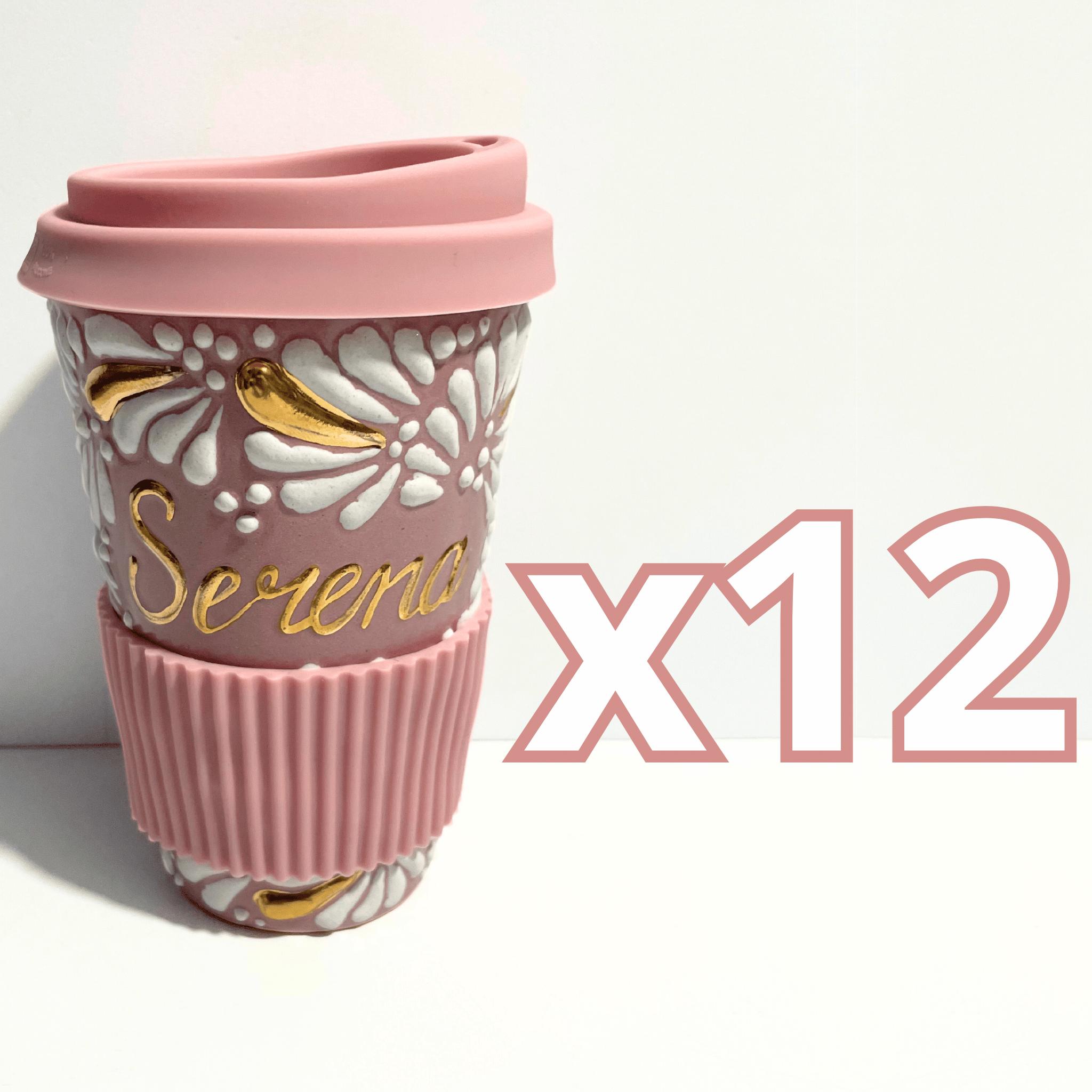 DESTELLOS DE ORO TERMO PERSONALIZADO 15 CM SIN ASA FONDO ROSA MIK BLANCO NOMBRE