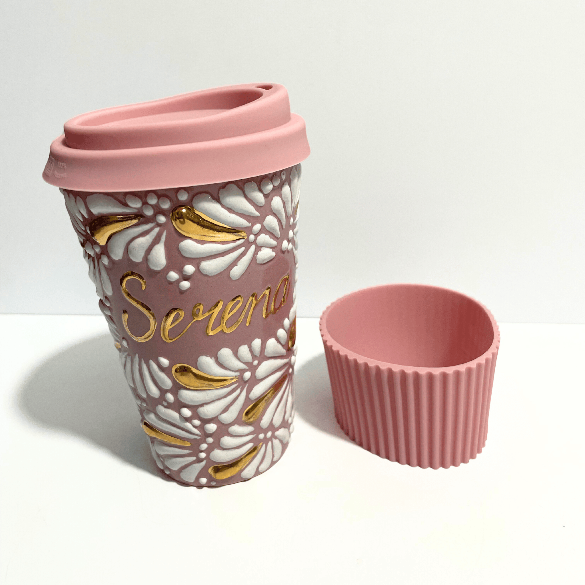DESTELLOS DE ORO TERMO PERSONALIZADO 15 CM SIN ASA FONDO ROSA MIK BLANCO NOMBRE