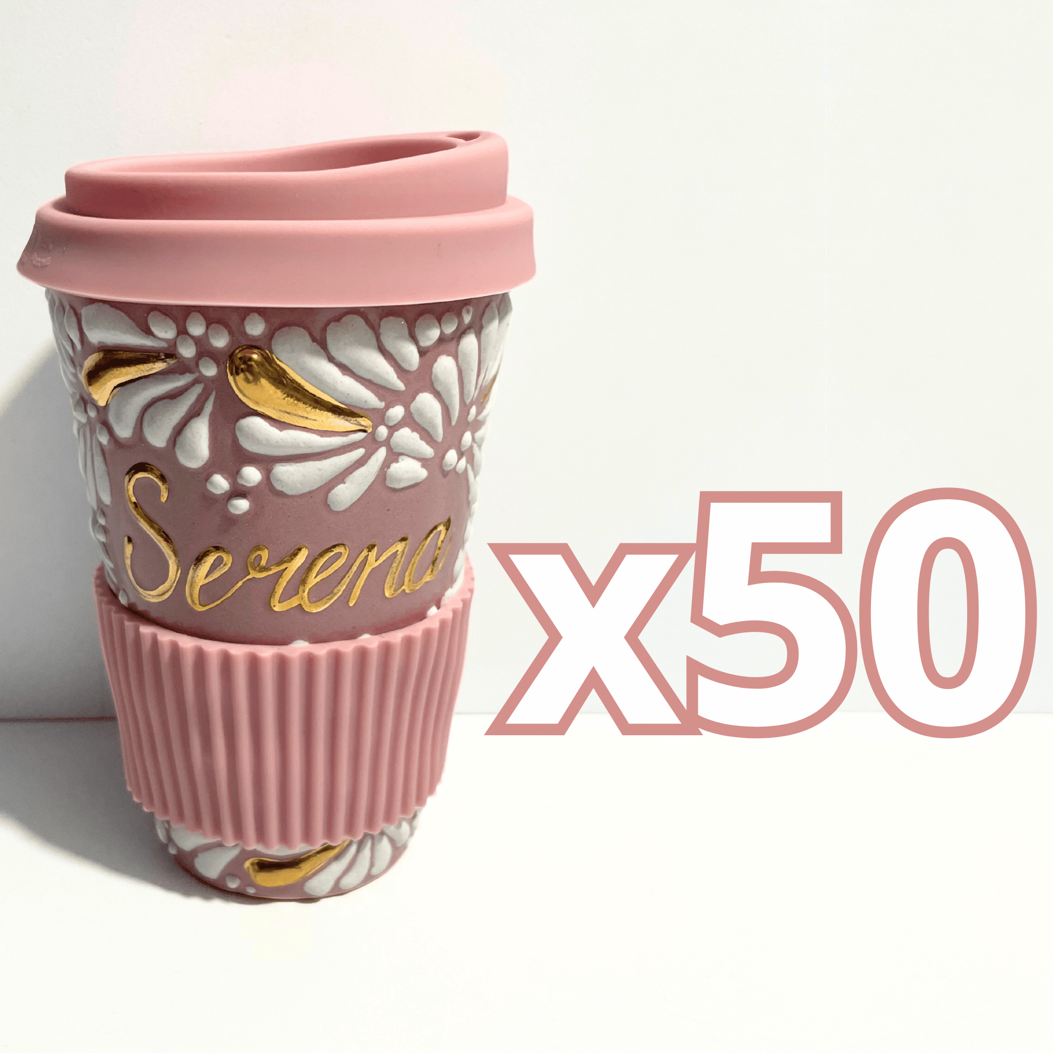 DESTELLOS DE ORO TERMO PERSONALIZADO 15 CM SIN ASA FONDO ROSA MIK BLANCO NOMBRE