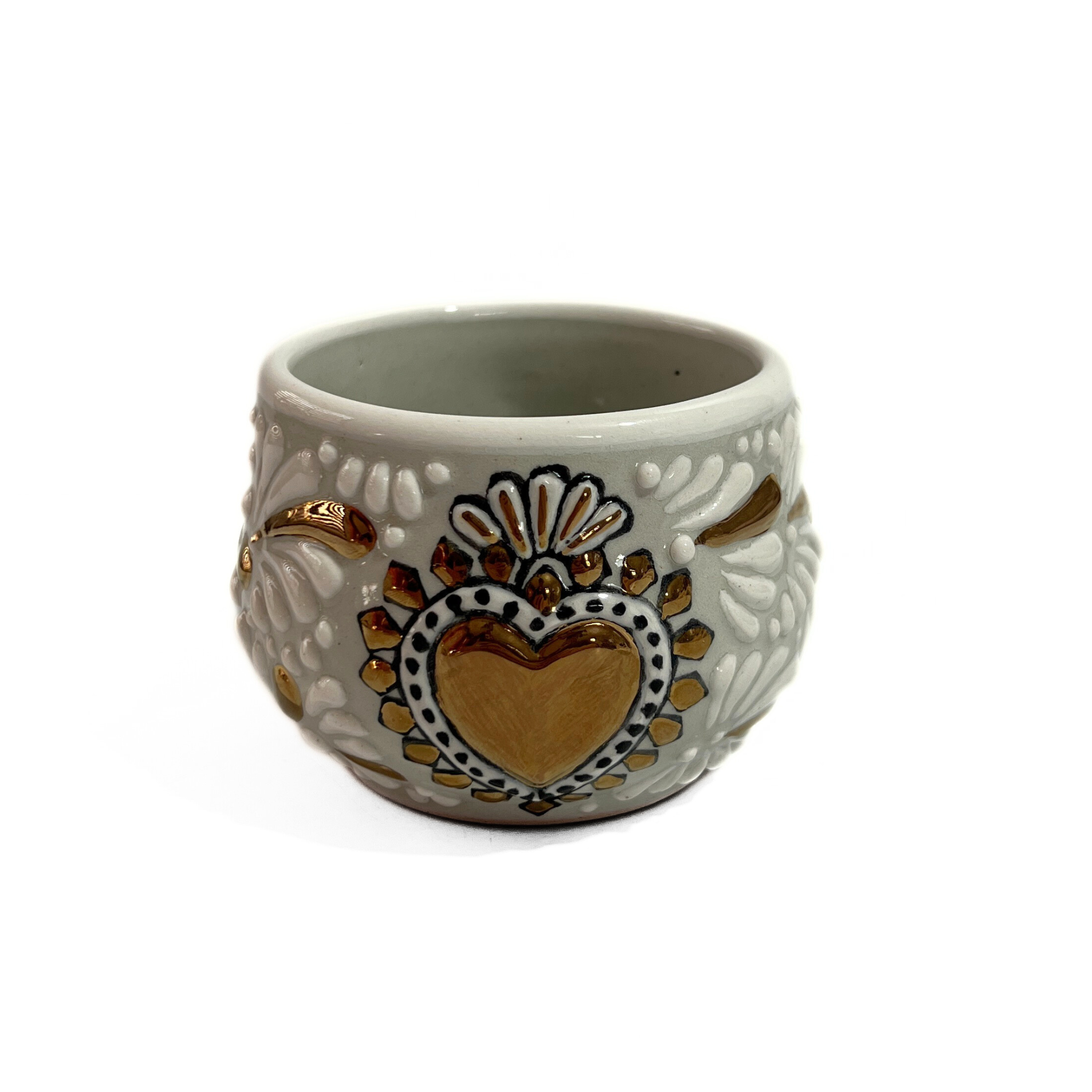 TAZA CHOCOLATERA MEDIANA FONDO TRADICIONAL MIK BLANCO DESTELLOS ORO SAGRADO CORAZON ORO
