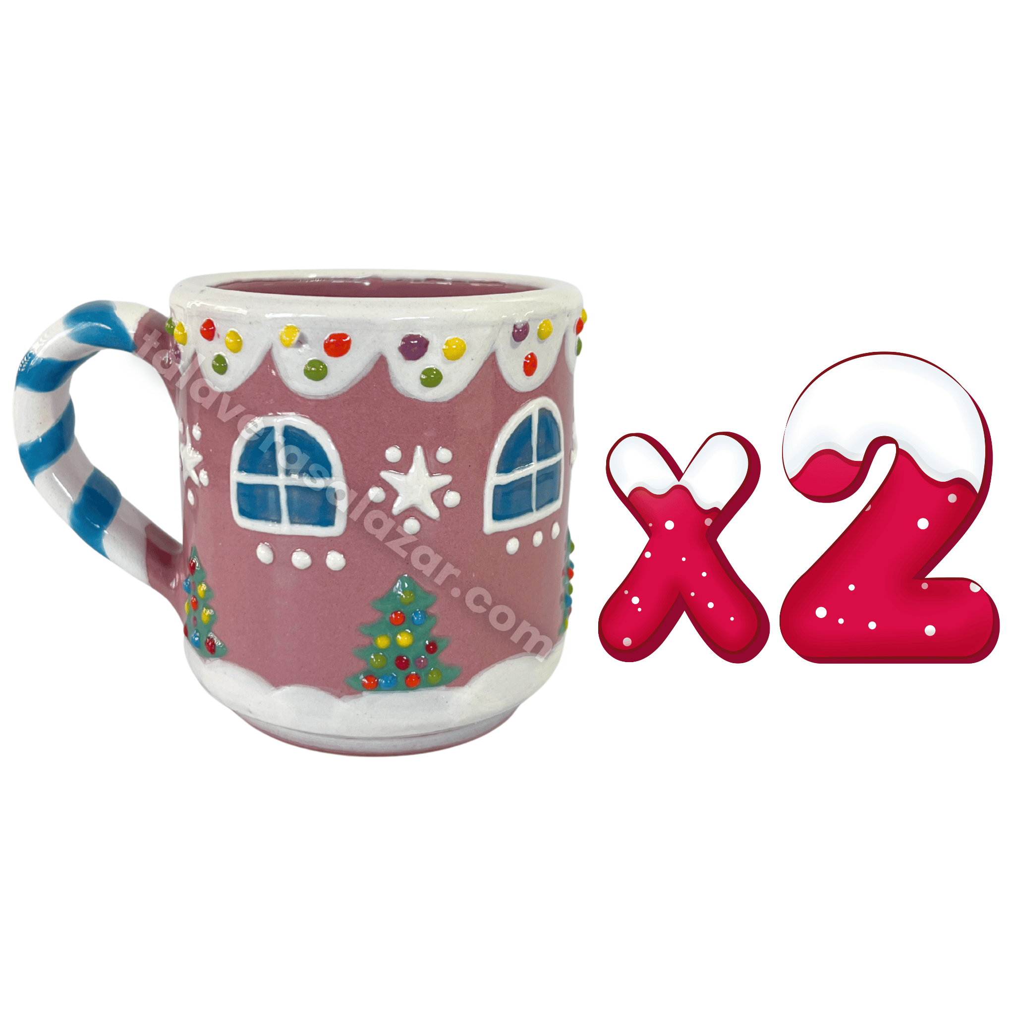 TAZA RECTA GALLETA DE JENGIBRE FONDO ROSA CON ASA BASTÓN TURQUESA