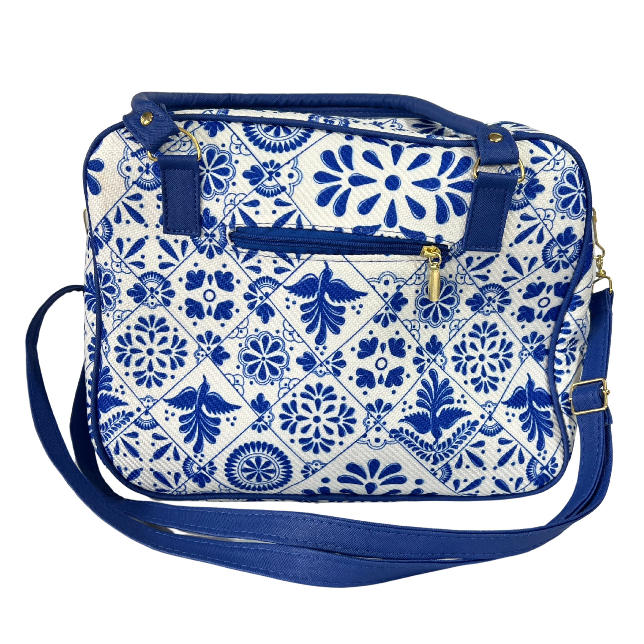 BOLSA REDONDEADA COLOR AZUL COBALTO ESTILO TALAVERA CON LLAVERO NEGRO MULTICOLOR