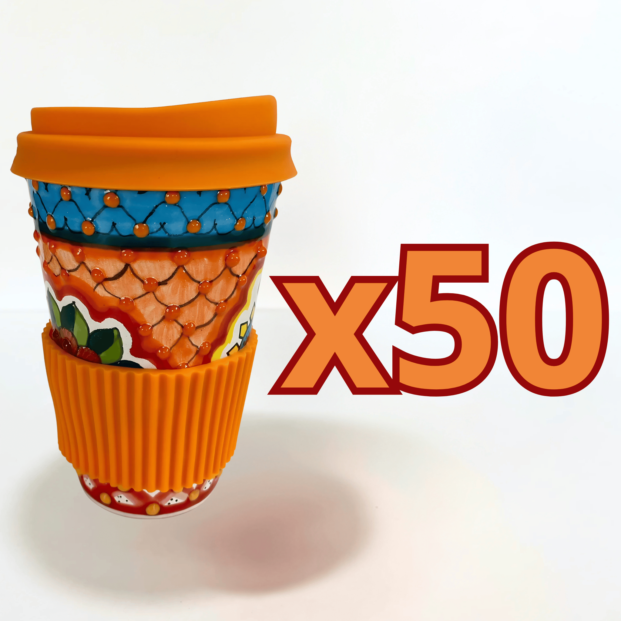 TERMO 15 CM SIN ASA, SAGRADO CORAZON MULTICOLORES TAPA NARANJA CON BANDA