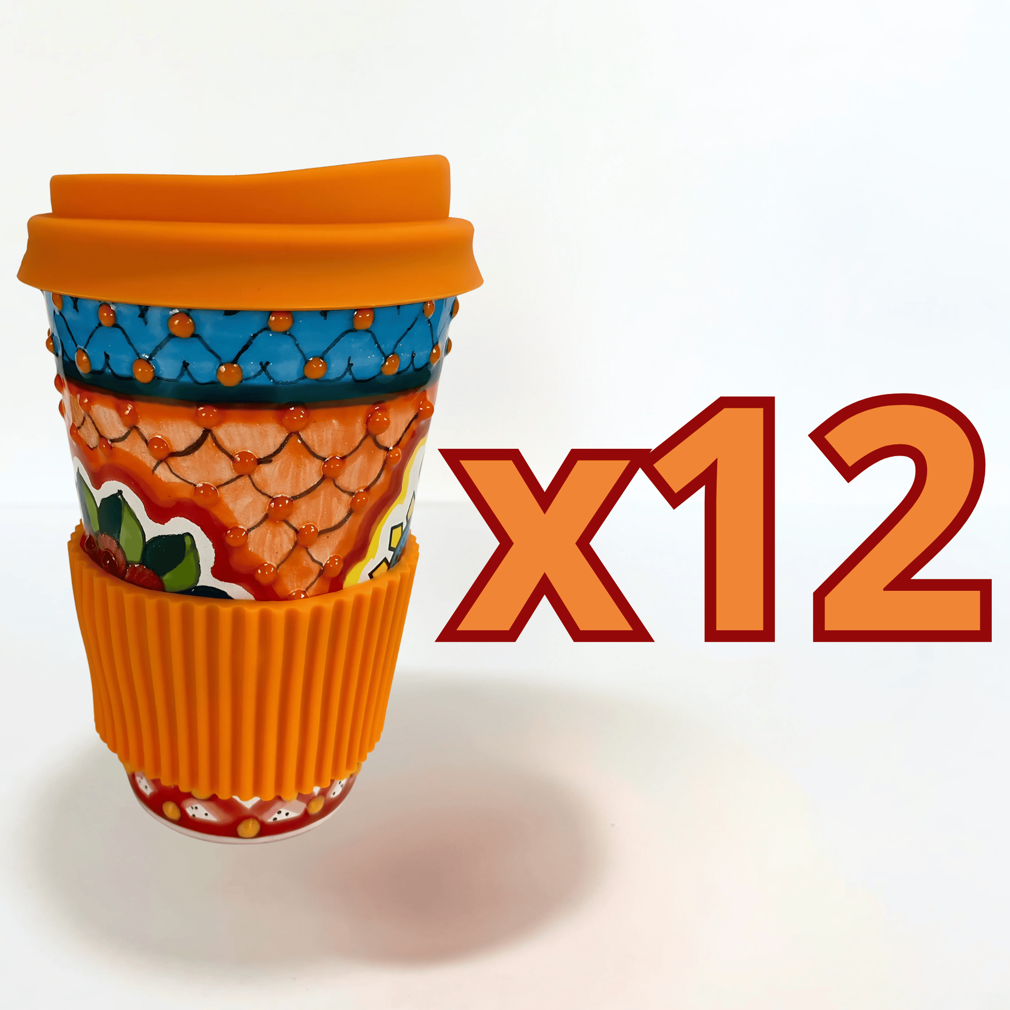 TERMO 15 CM SIN ASA, SAGRADO CORAZON MULTICOLORES TAPA NARANJA CON BANDA