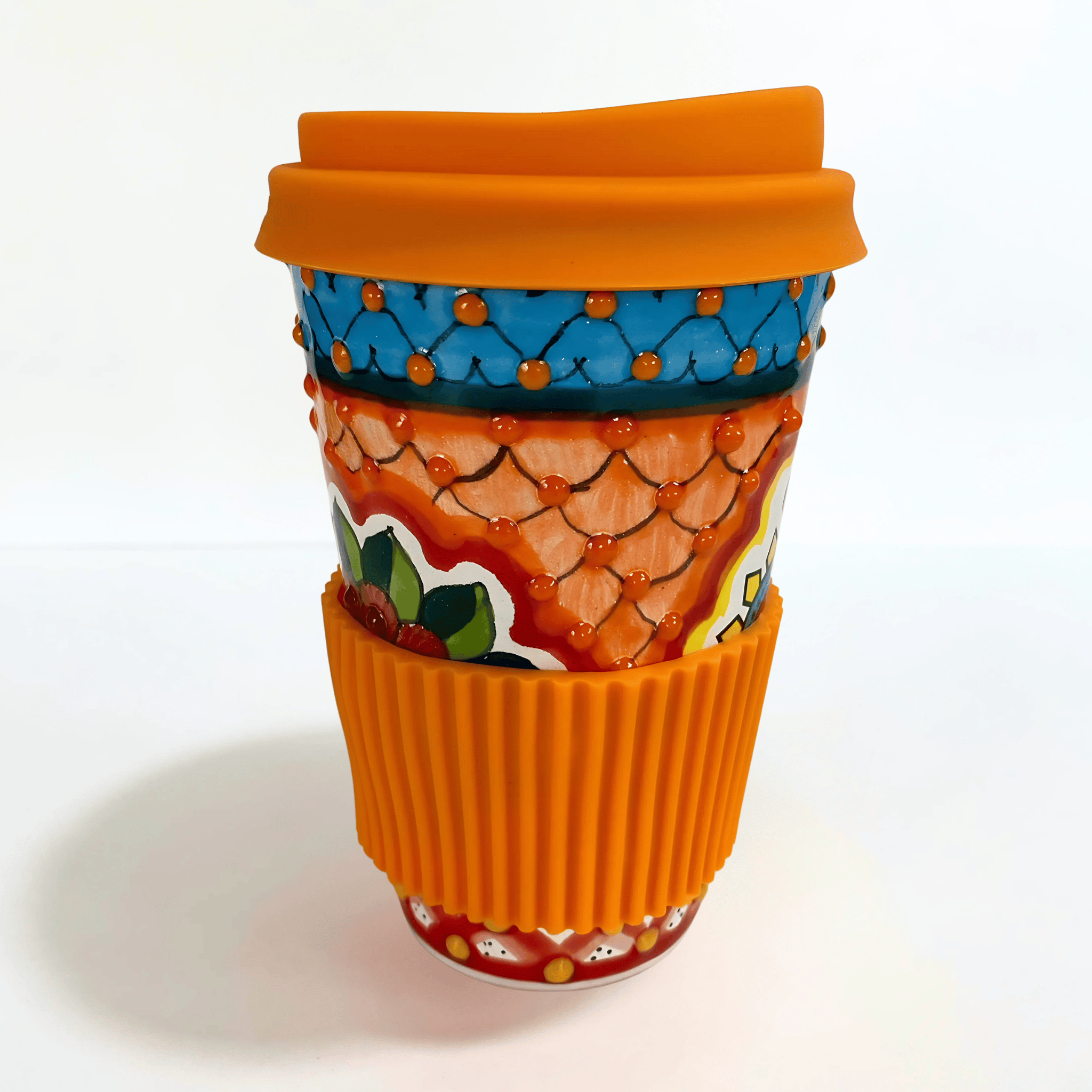 TERMO 15 CM SIN ASA, SAGRADO CORAZON MULTICOLORES TAPA NARANJA CON BANDA