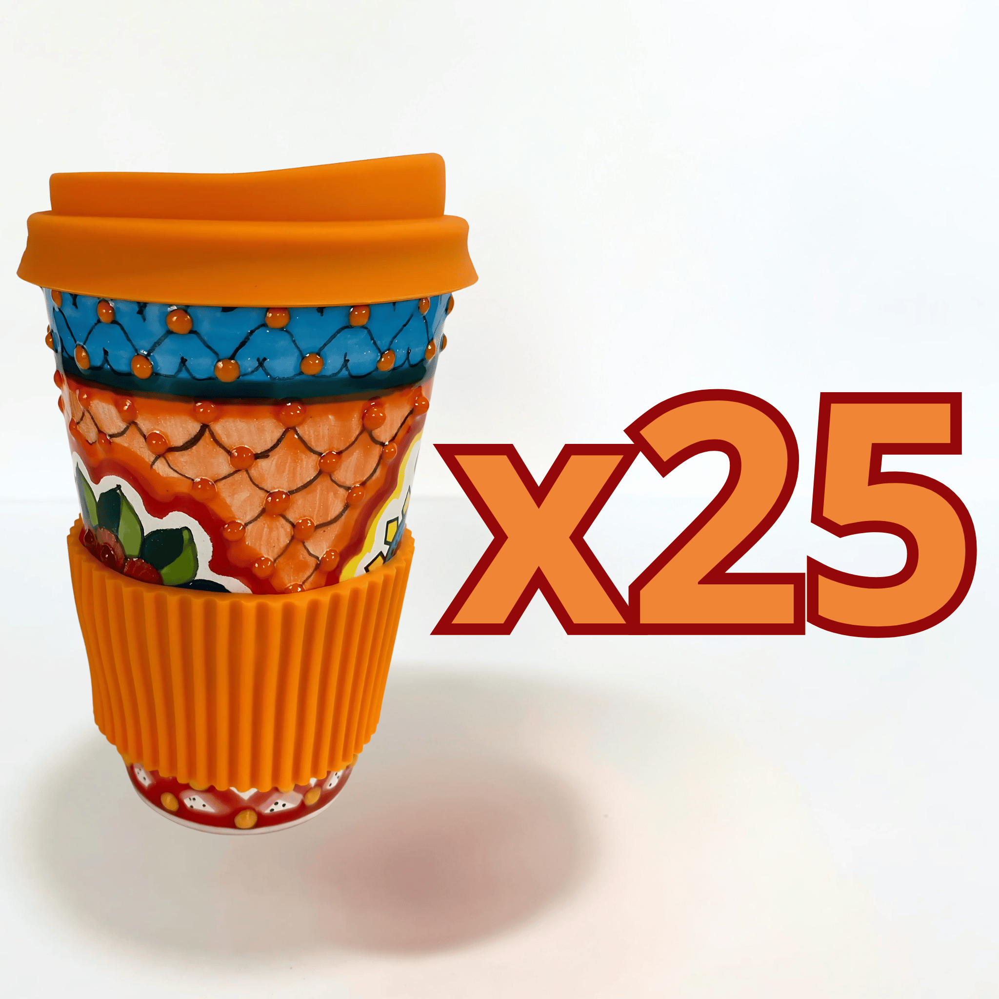TERMO 15 CM SIN ASA, SAGRADO CORAZON MULTICOLORES TAPA NARANJA CON BANDA