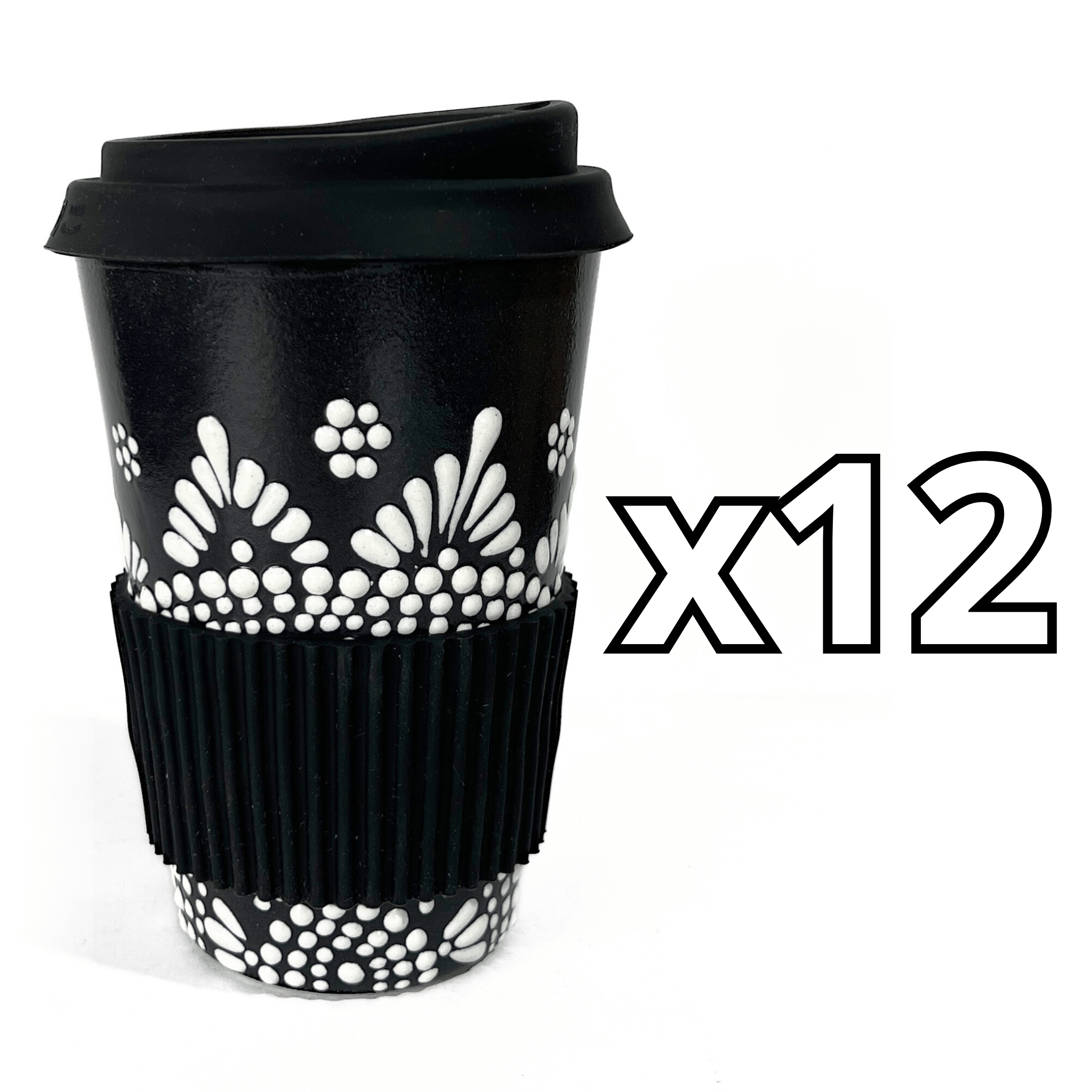 TERMO 15 CM SIN ASA FONDO NEGRO CENEFA MANDALA BLANCO