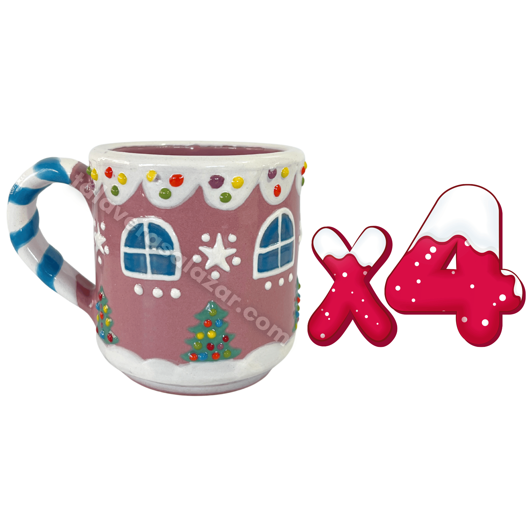 TAZA RECTA GALLETA DE JENGIBRE FONDO ROSA CON ASA BASTÓN TURQUESA