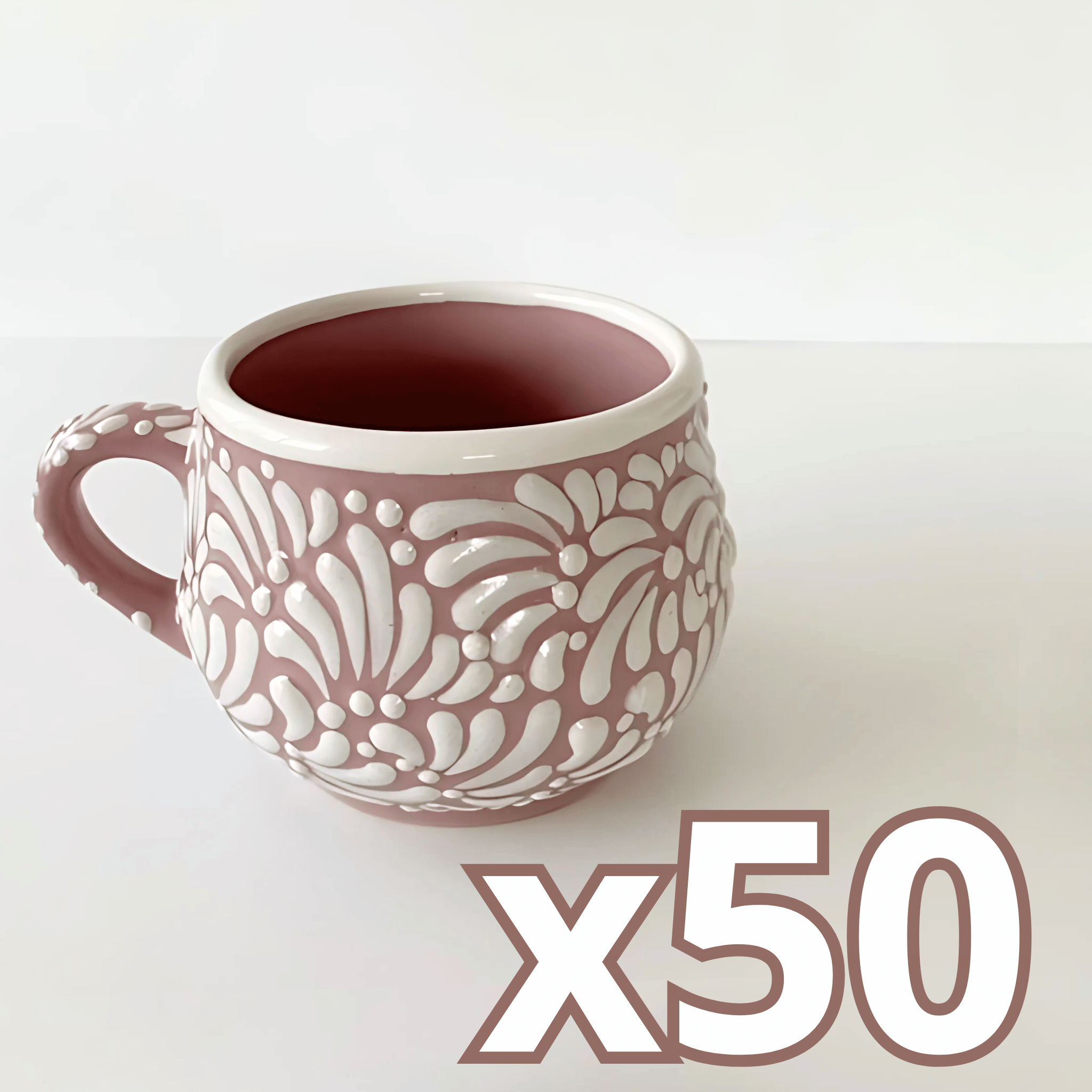 TAZA CHOCOLATERA MEDIANA FONDO ROSA DECORADO BLANCO