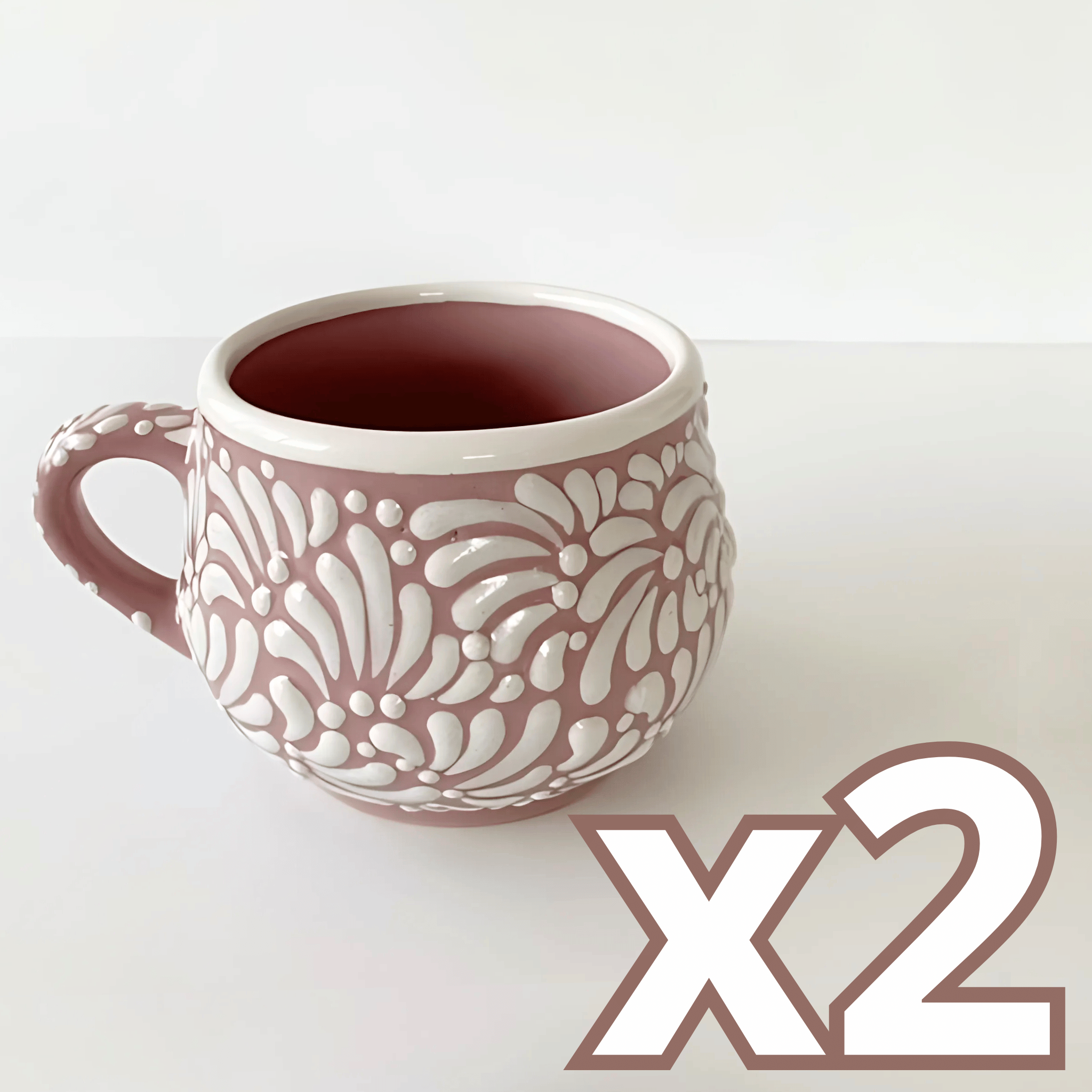 TAZA CHOCOLATERA MEDIANA FONDO ROSA DECORADO BLANCO