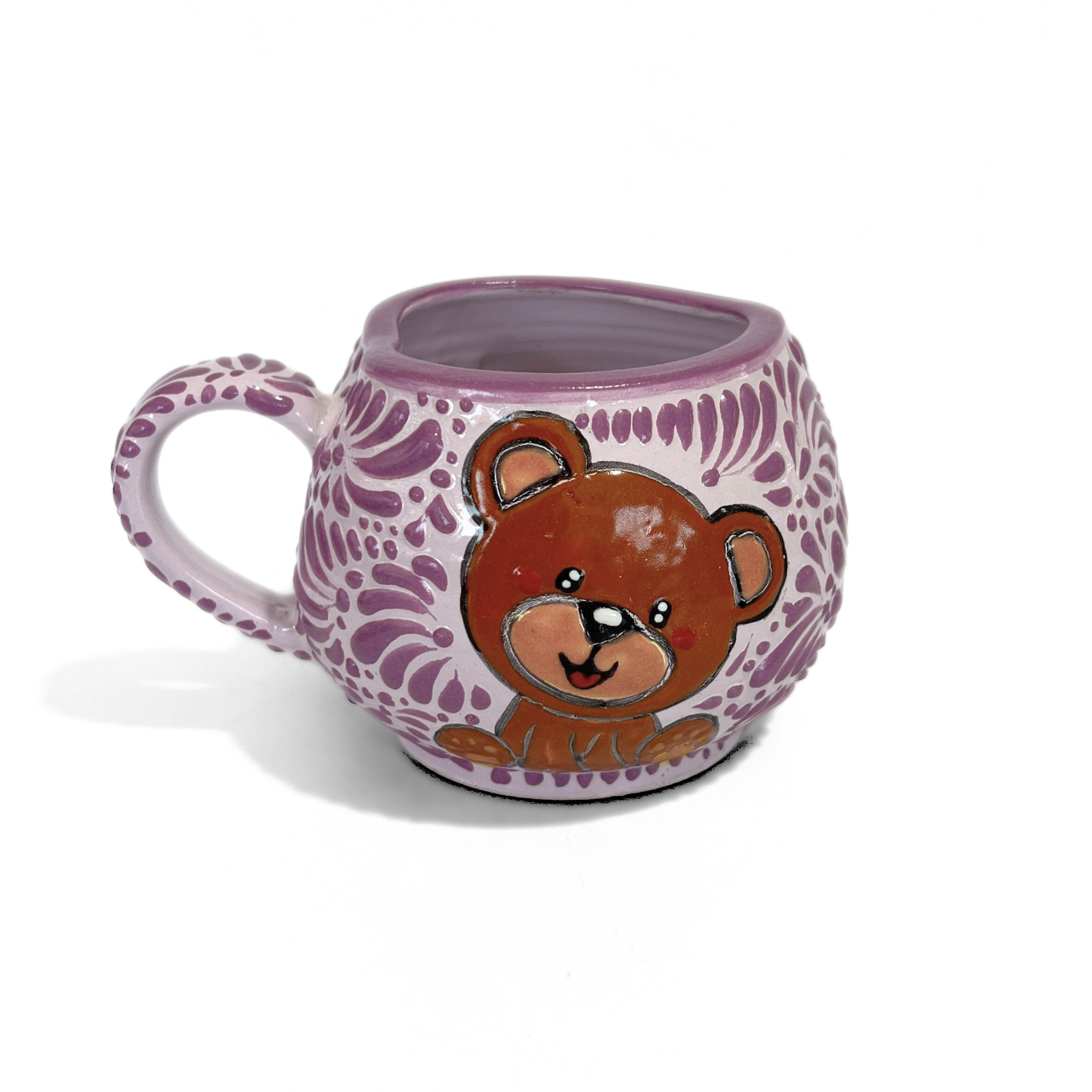 TAZA FORMA CORAZON CHOCOLATERA GRANDE FONDO LILA MIK MORADO OSITO COMPLETO