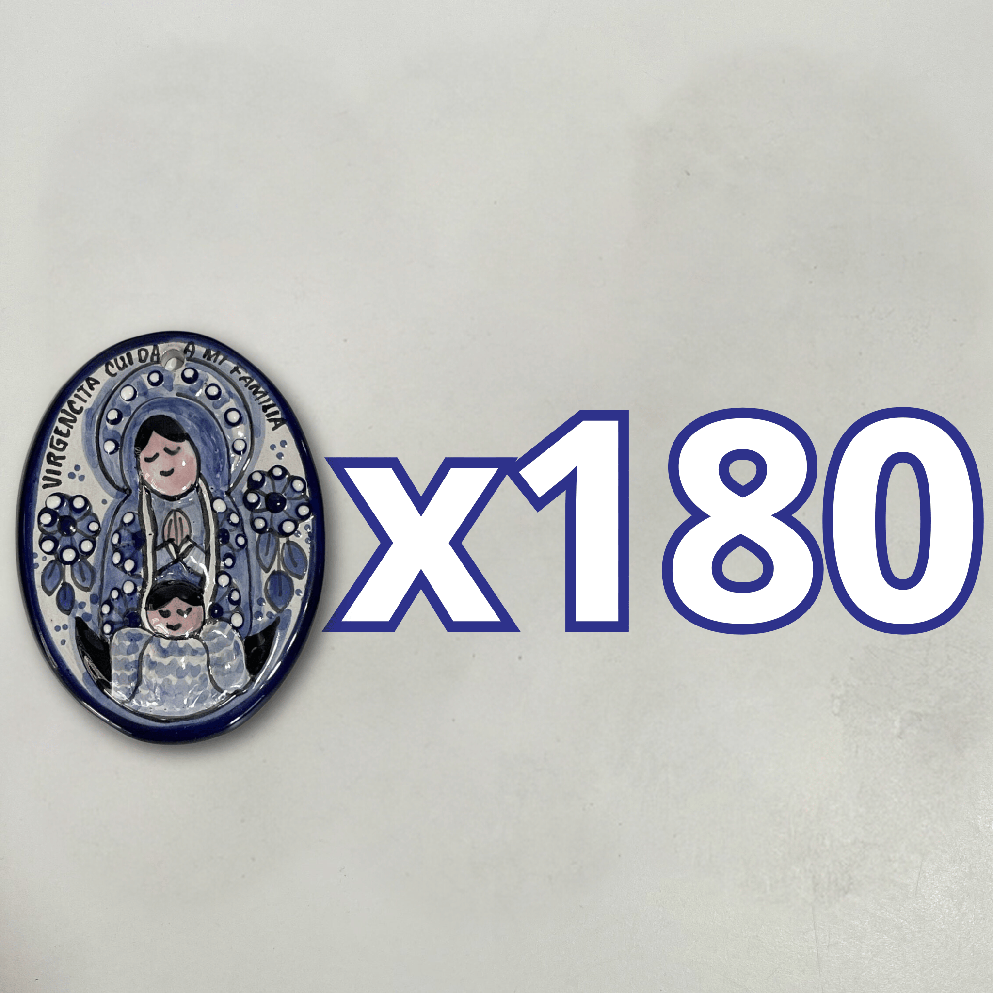 PAQUETE VIRGEN 10 CM FONDO BLANCO DECORADO AZUL COBALTO NO INCLUYE PERSONALIZADO