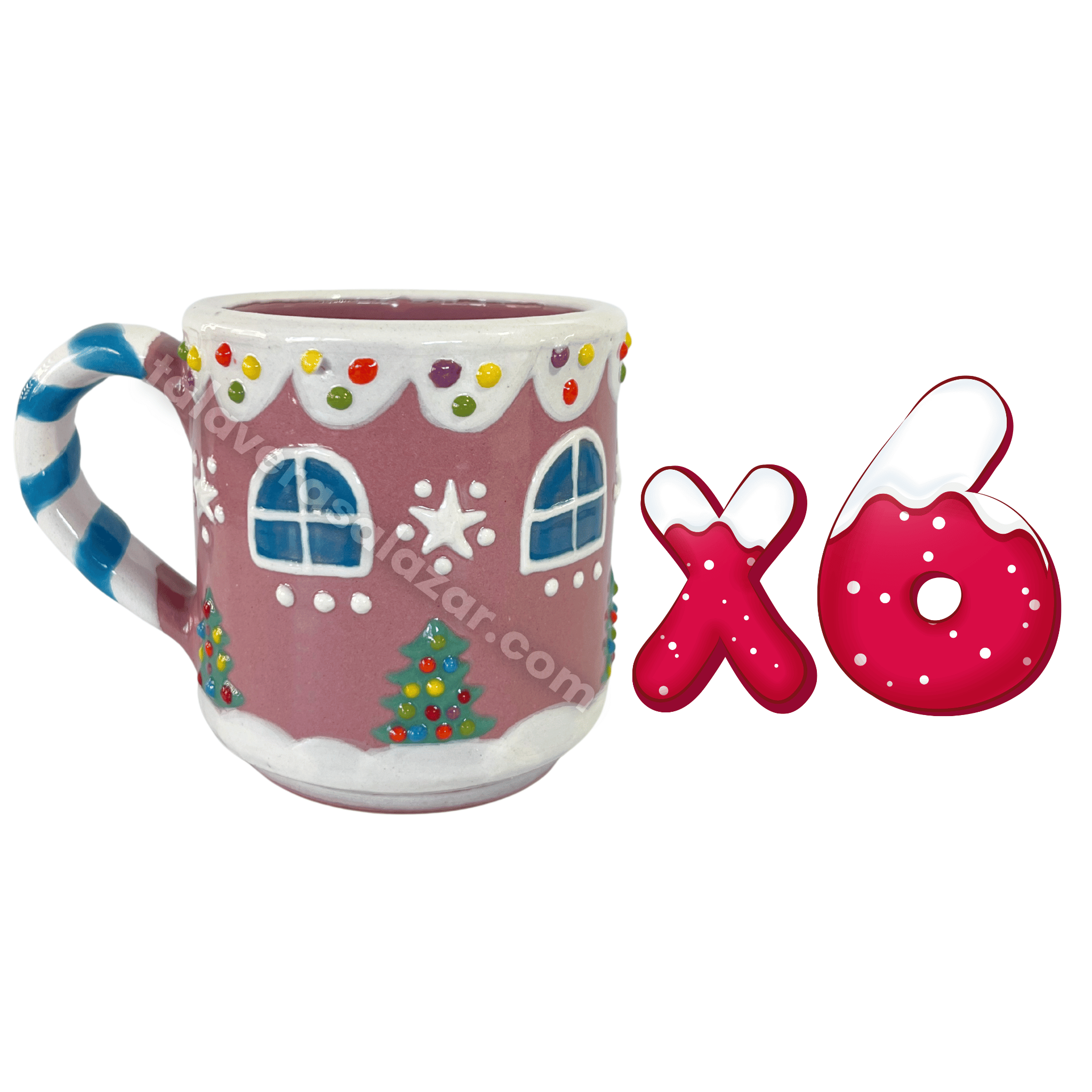 TAZA RECTA GALLETA DE JENGIBRE FONDO ROSA CON ASA BASTÓN TURQUESA