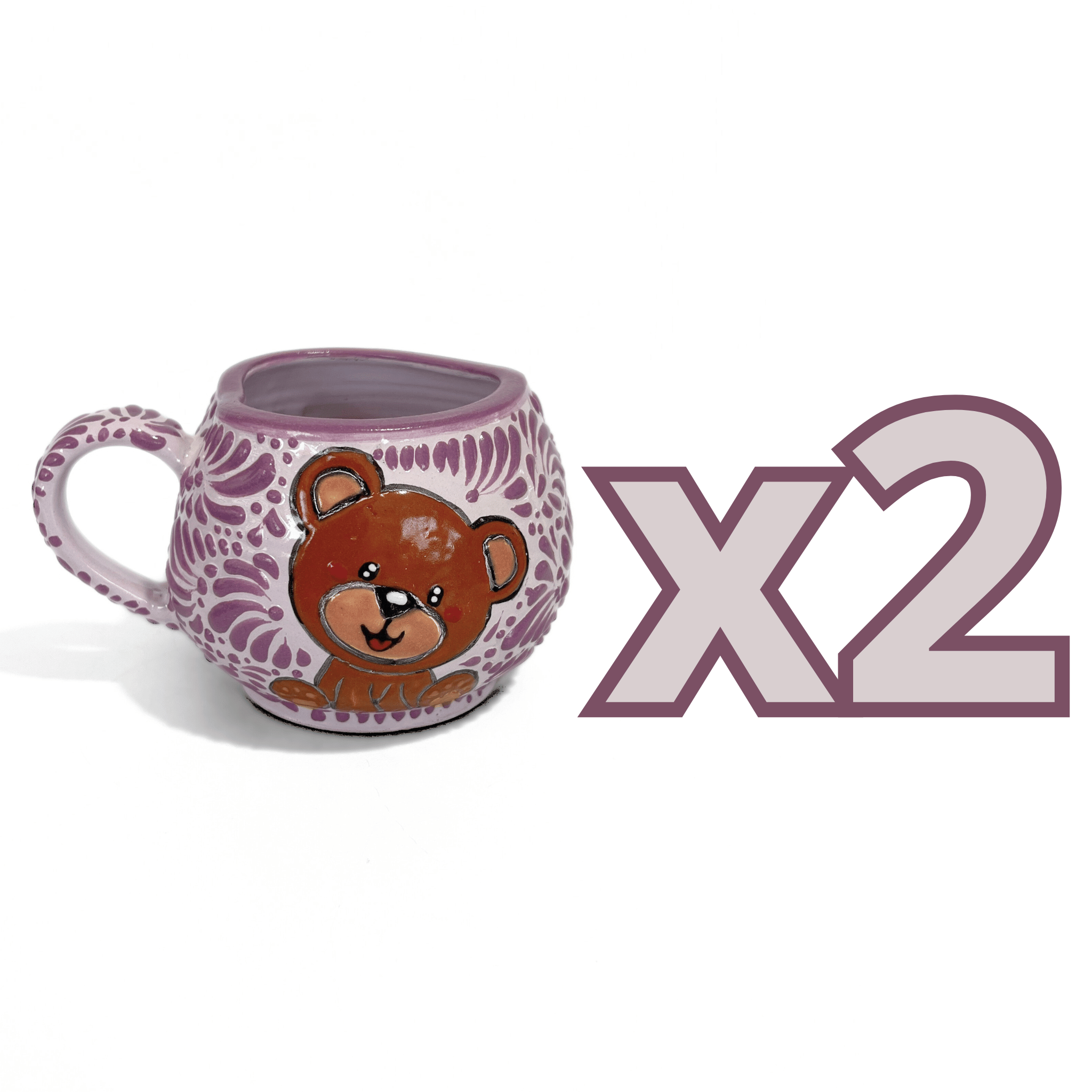TAZA FORMA CORAZON CHOCOLATERA GRANDE FONDO LILA MIK MORADO OSITO COMPLETO