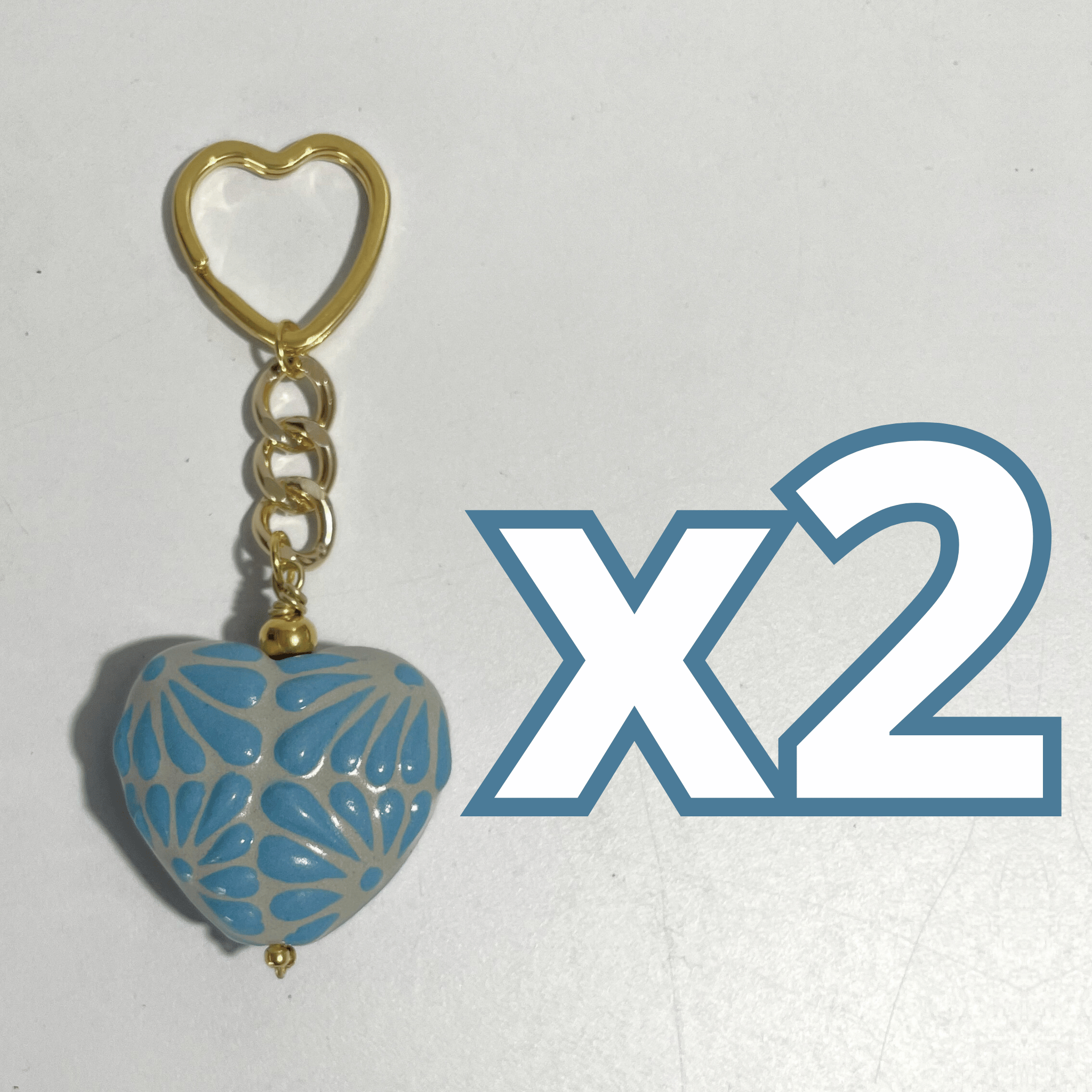 LLAVERO CORAZON INFLADO FONDO TRADICIONAL DECORADO AZUL PASTEL