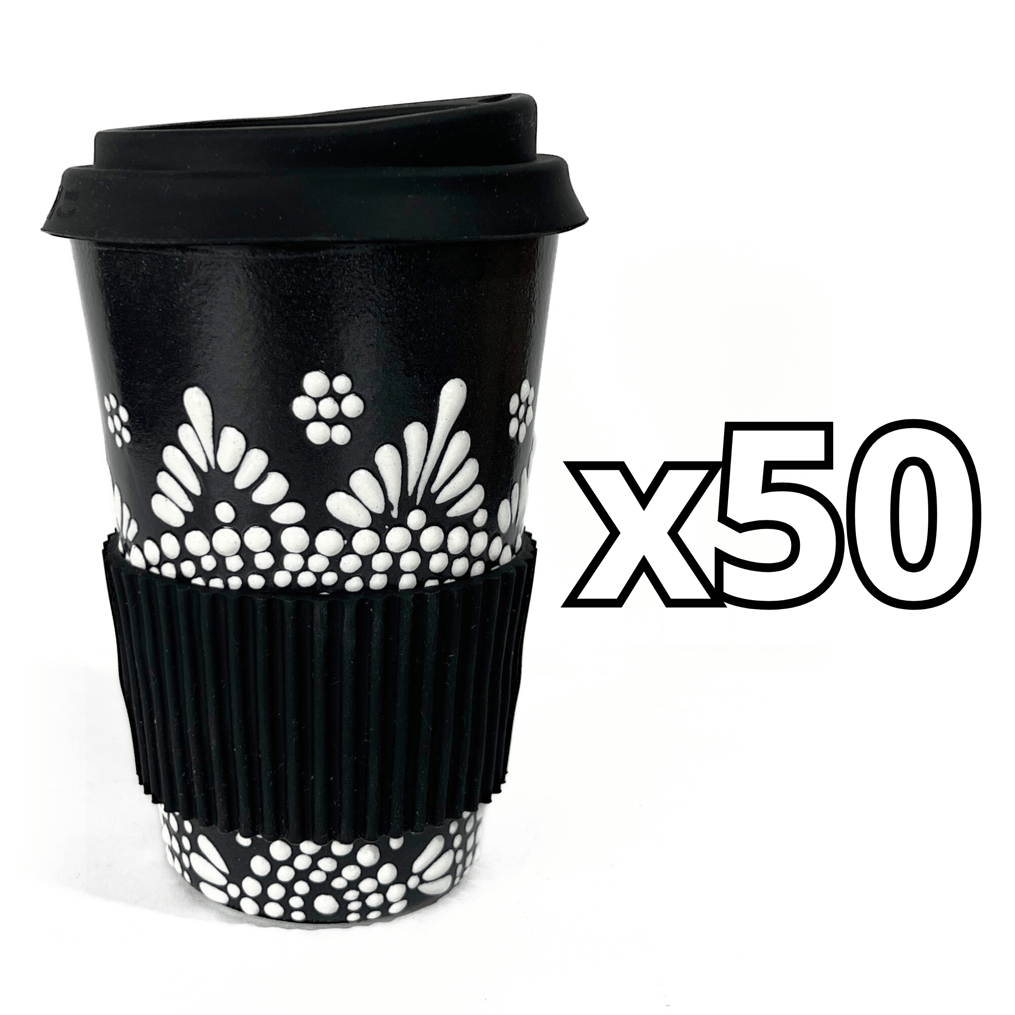 TERMO 15 CM SIN ASA FONDO NEGRO CENEFA MANDALA BLANCO
