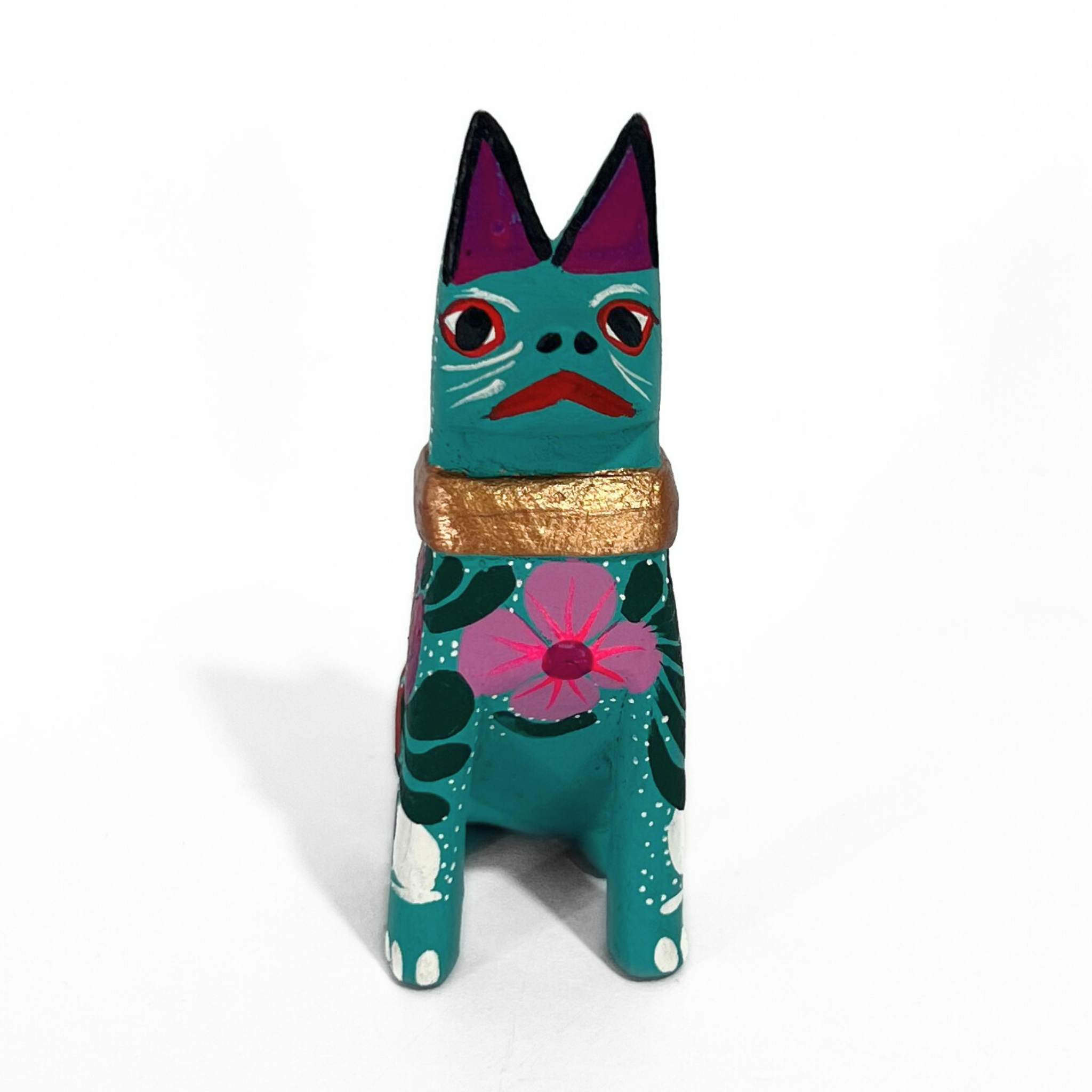 ALEBRIJE DE MADERA GATO VERDE FLORES