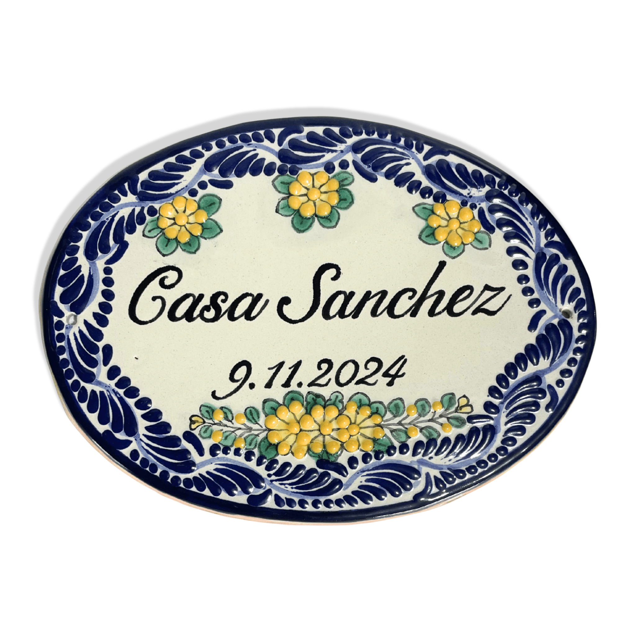 PLACA OVALADA FONDO TRADICIONAL CENEFA AZUL COBALTO FLORES AMARILLAS