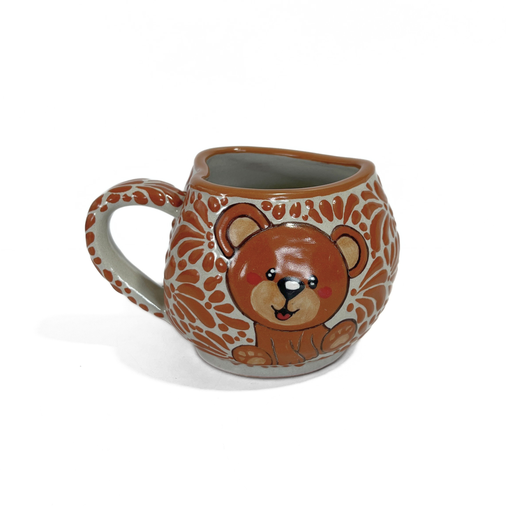 TAZA FORMA CORAZON CHOCOLATERA GRANDE FONDO TRADICIONAL MIK TERRACOTA OSITO COMPLETO