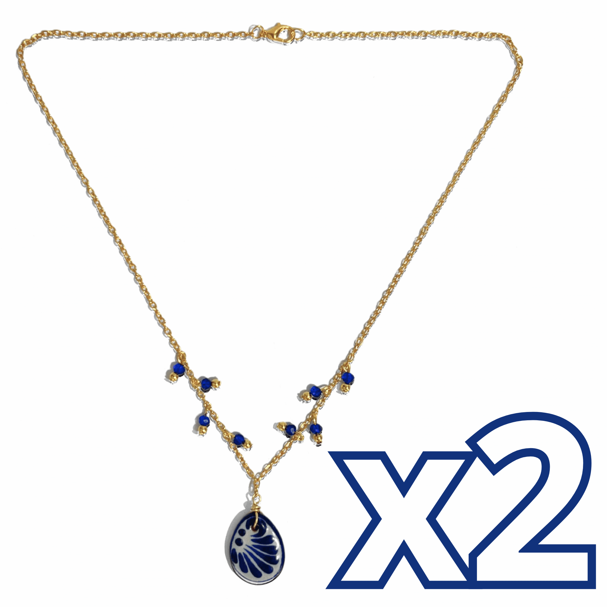 COLLAR GOTA PLANO FONDO TRADICIONAL DECORADO AZUL COBALTO CADENA DORADA