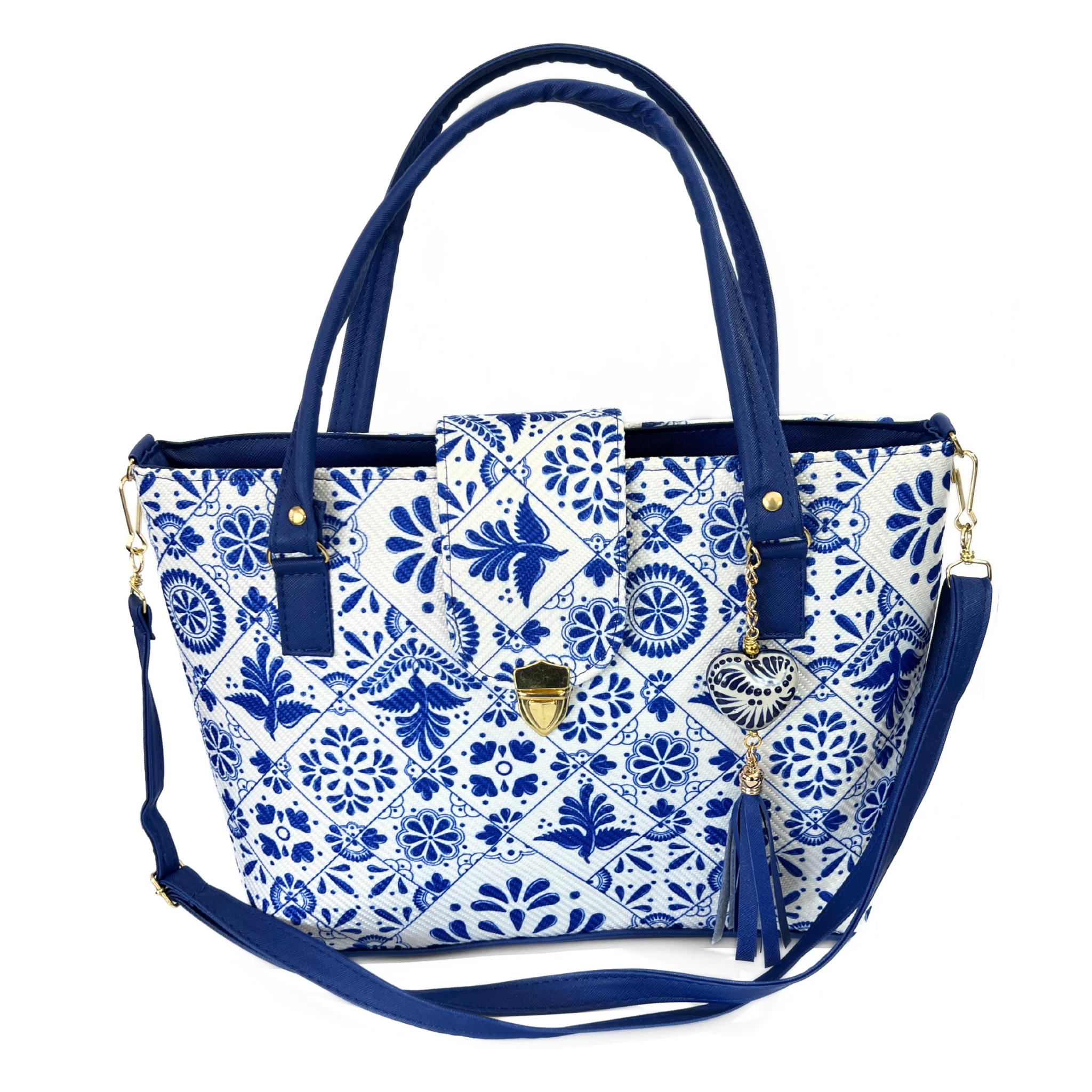 BOLSA BROCHE DORADO COLOR AZUL COBALTO ESTILO TALAVERA CON LLAVERO