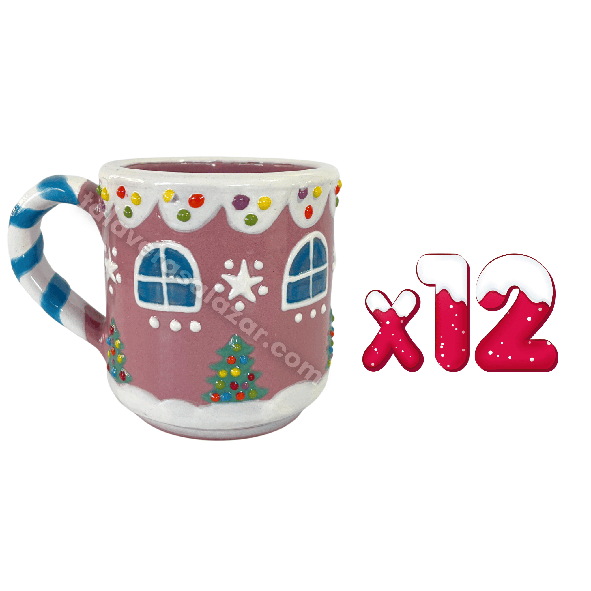 TAZA RECTA GALLETA DE JENGIBRE FONDO ROSA CON ASA BASTÓN TURQUESA