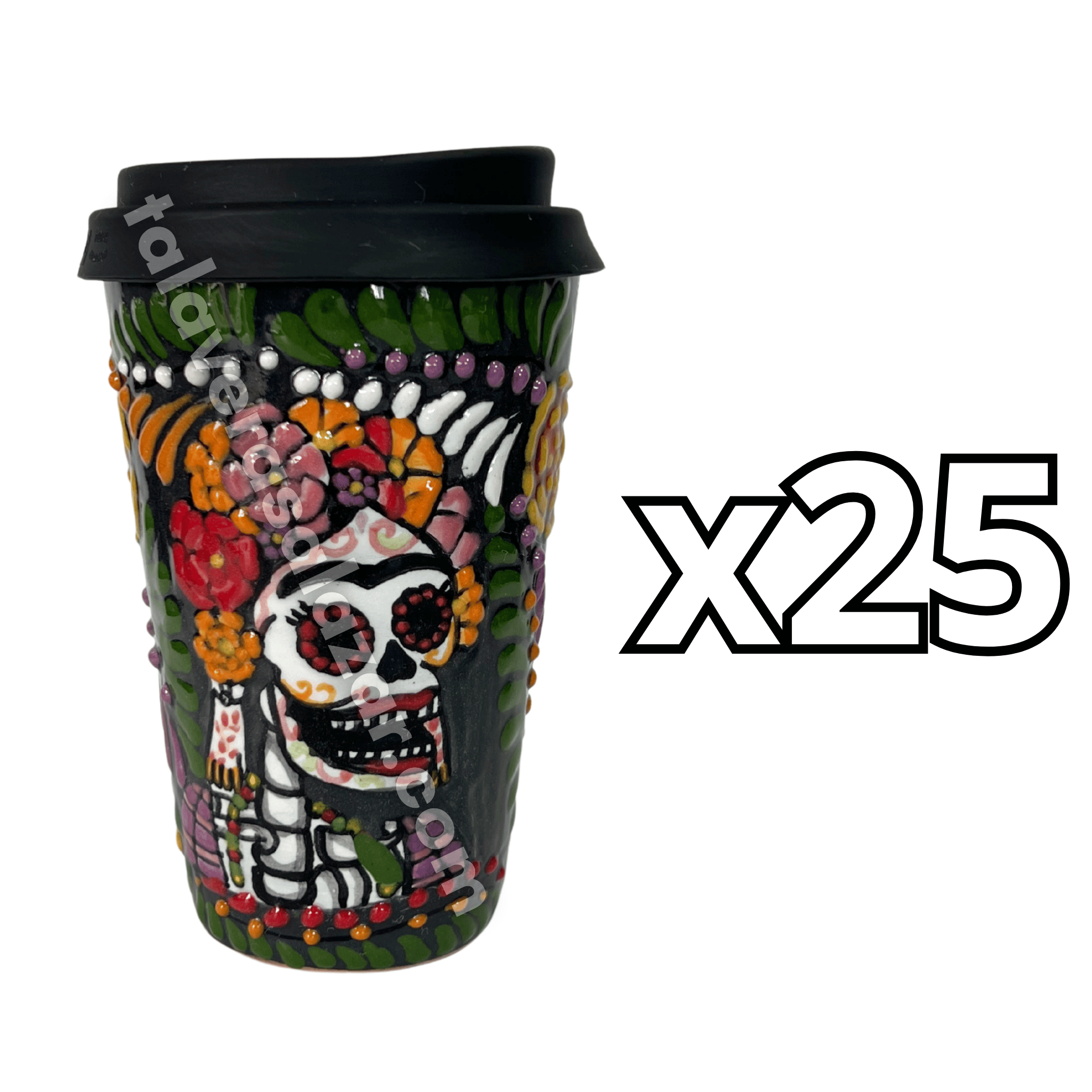 TERMO 15 CM SIN ASA FONDO NEGRO ROSALES DOÑITA MEXICANITA